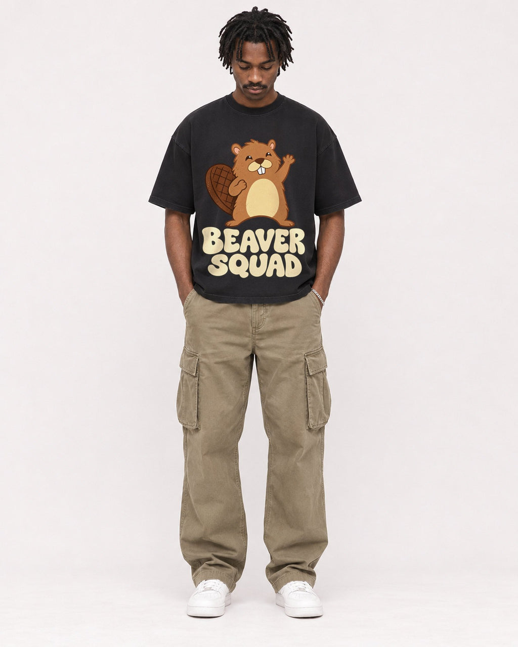 Mockup Boxy Heavyweight Tee Black male full-body 04