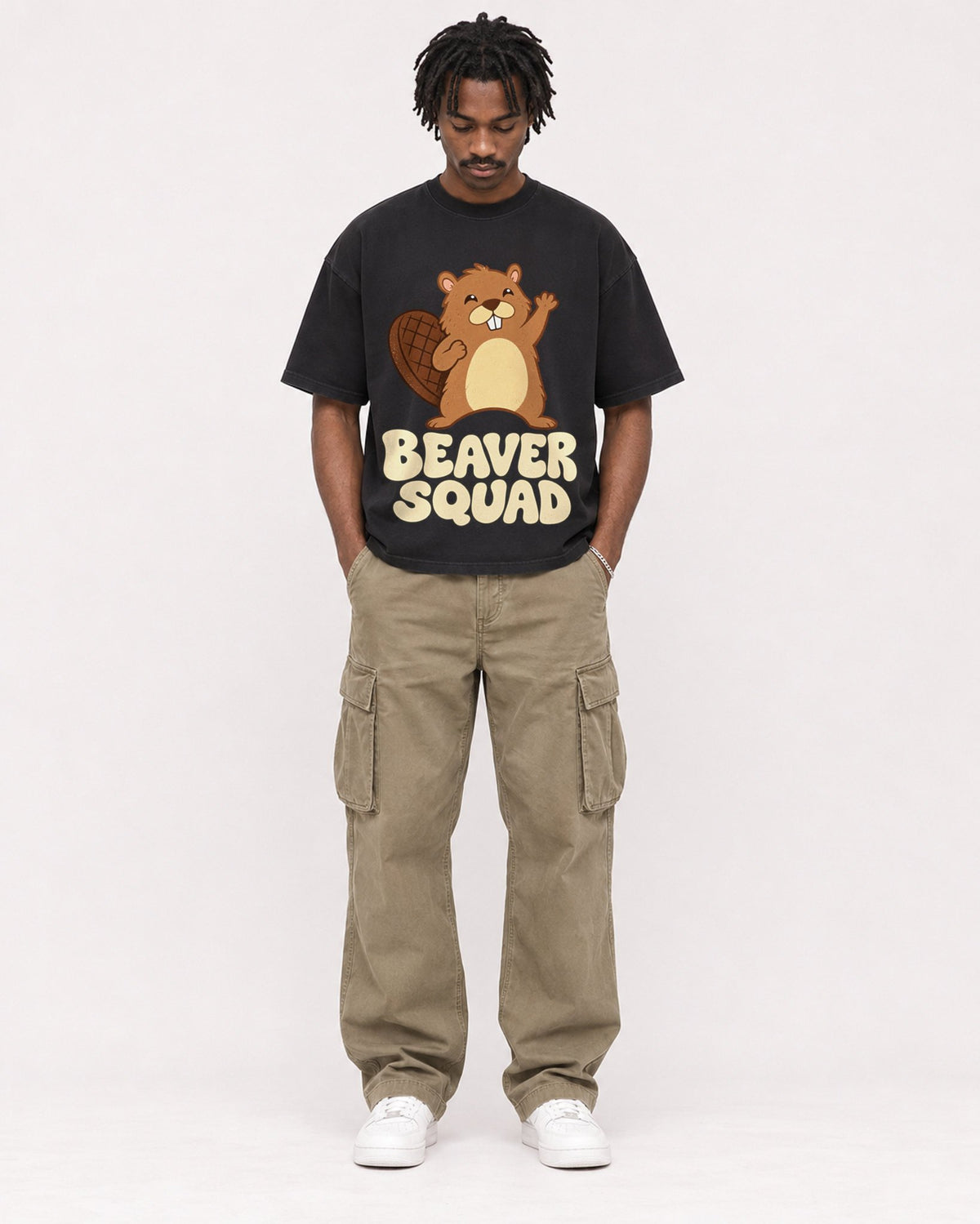 Mockup Boxy Heavyweight Tee Black male full-body 04