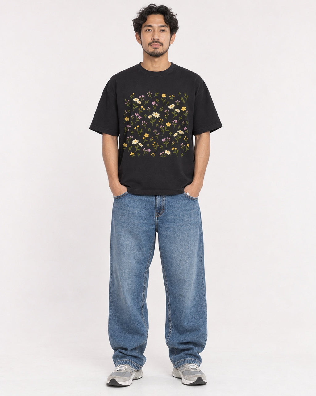 Mockup Boxy Heavyweight Tee Black male full-body 02