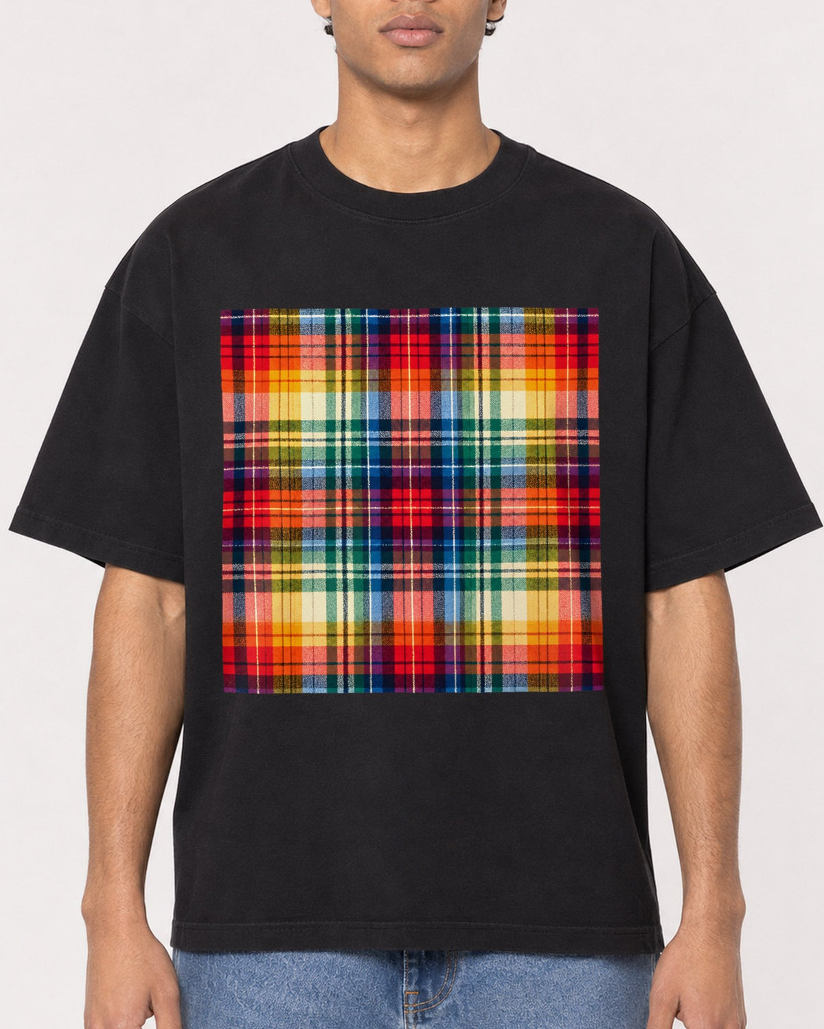 Mockup Boxy Heavyweight Tee Black male close-up 10