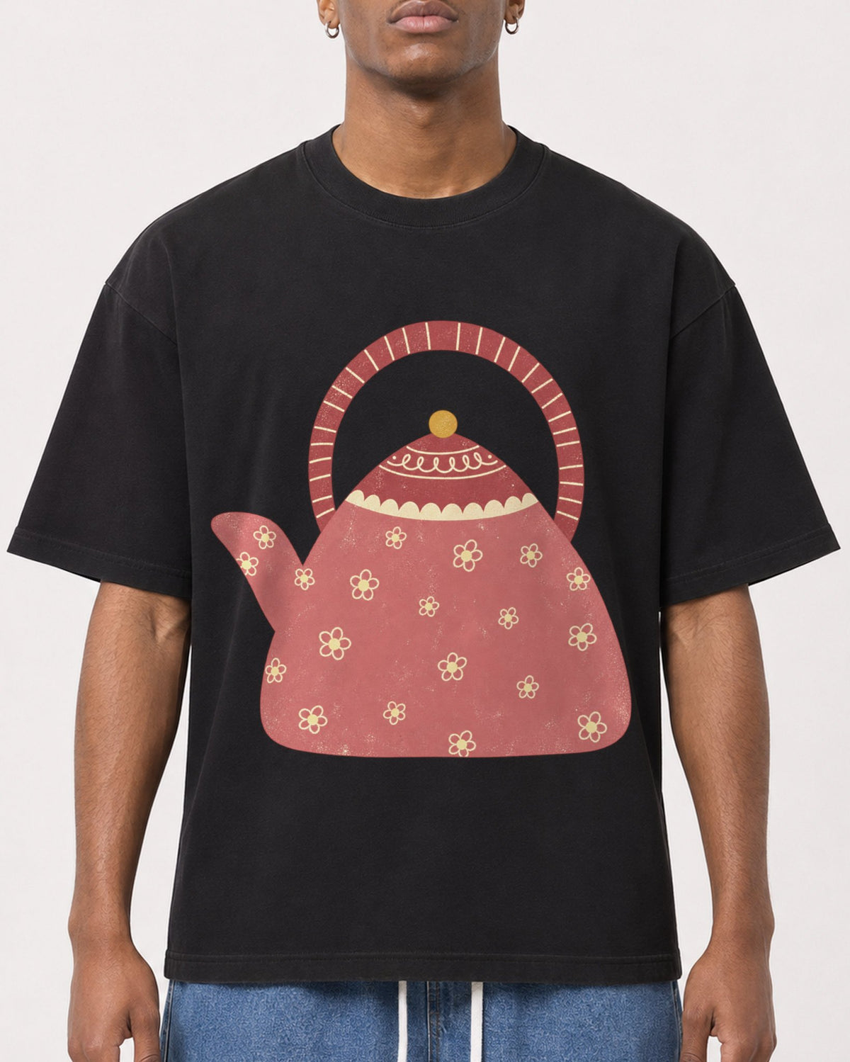 Mockup Boxy Heavyweight Tee Black male close-up 15