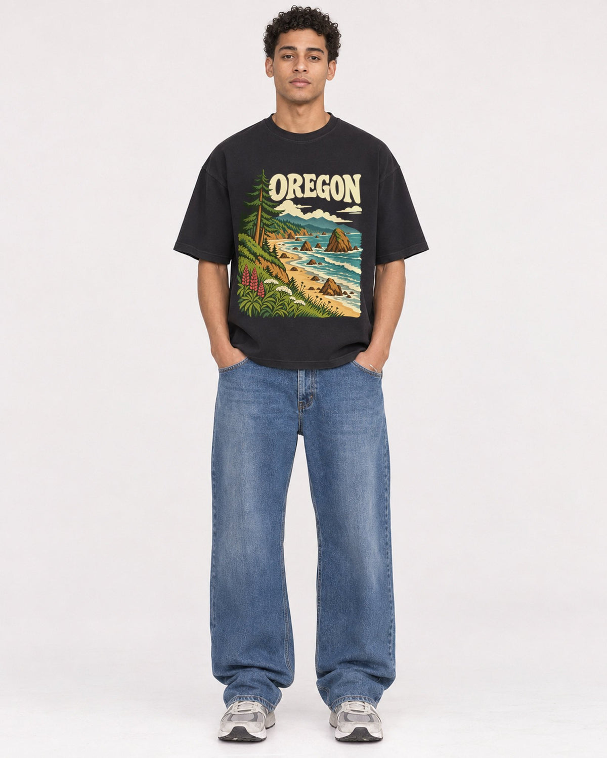 Mockup Boxy Heavyweight Tee Black male full-body 10