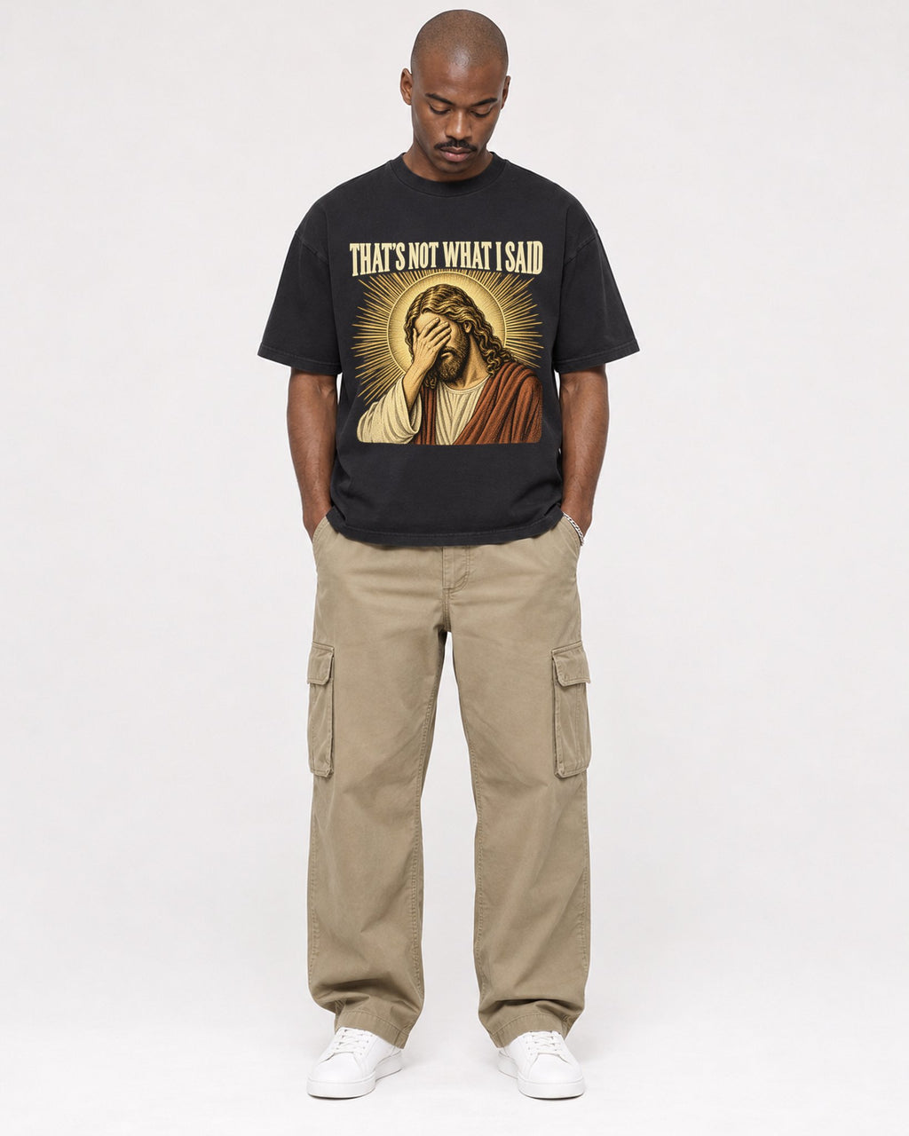 Mockup Boxy Heavyweight Tee Black male full-body 44