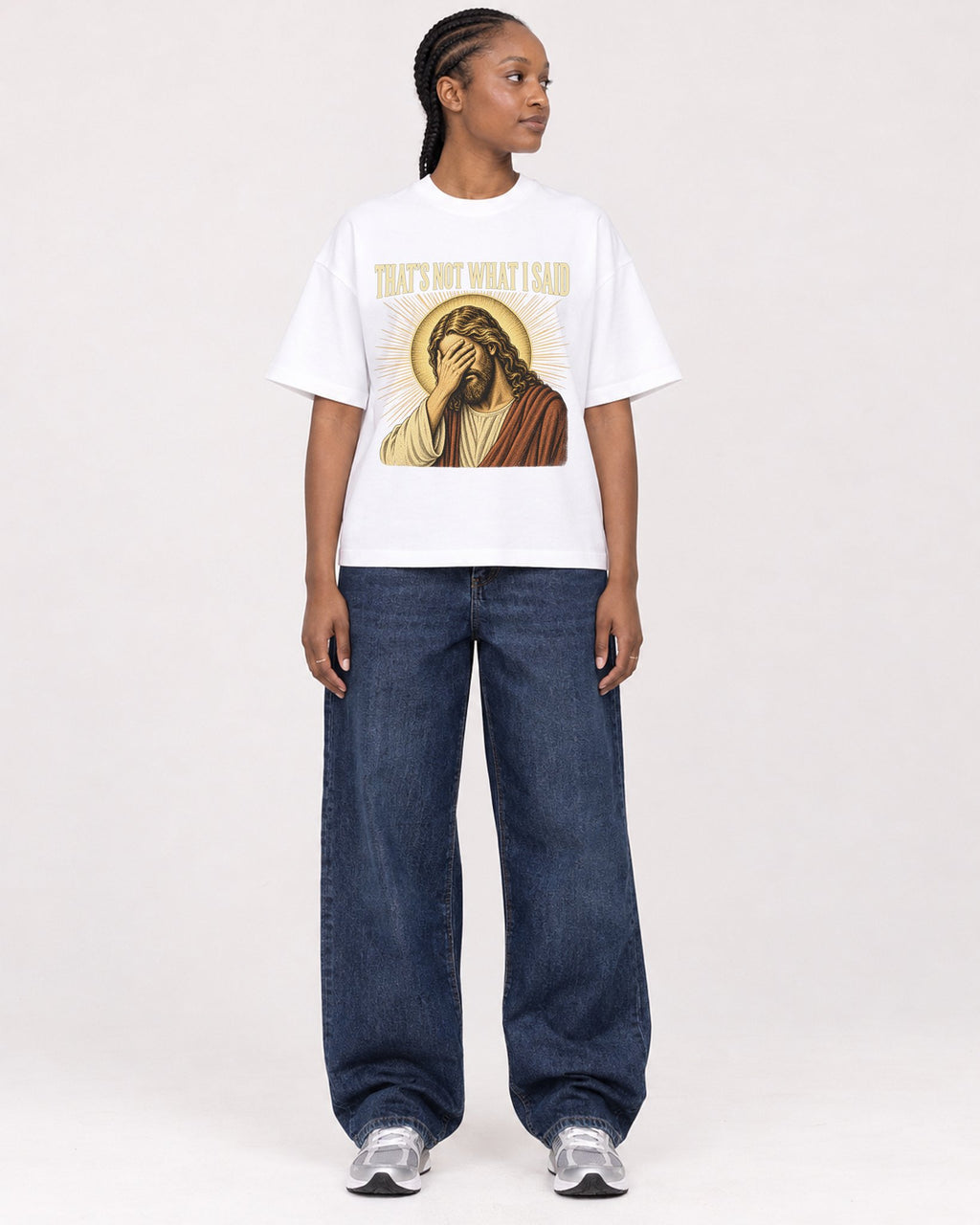 Mockup Boxy Heavyweight Tee White female full-body 44