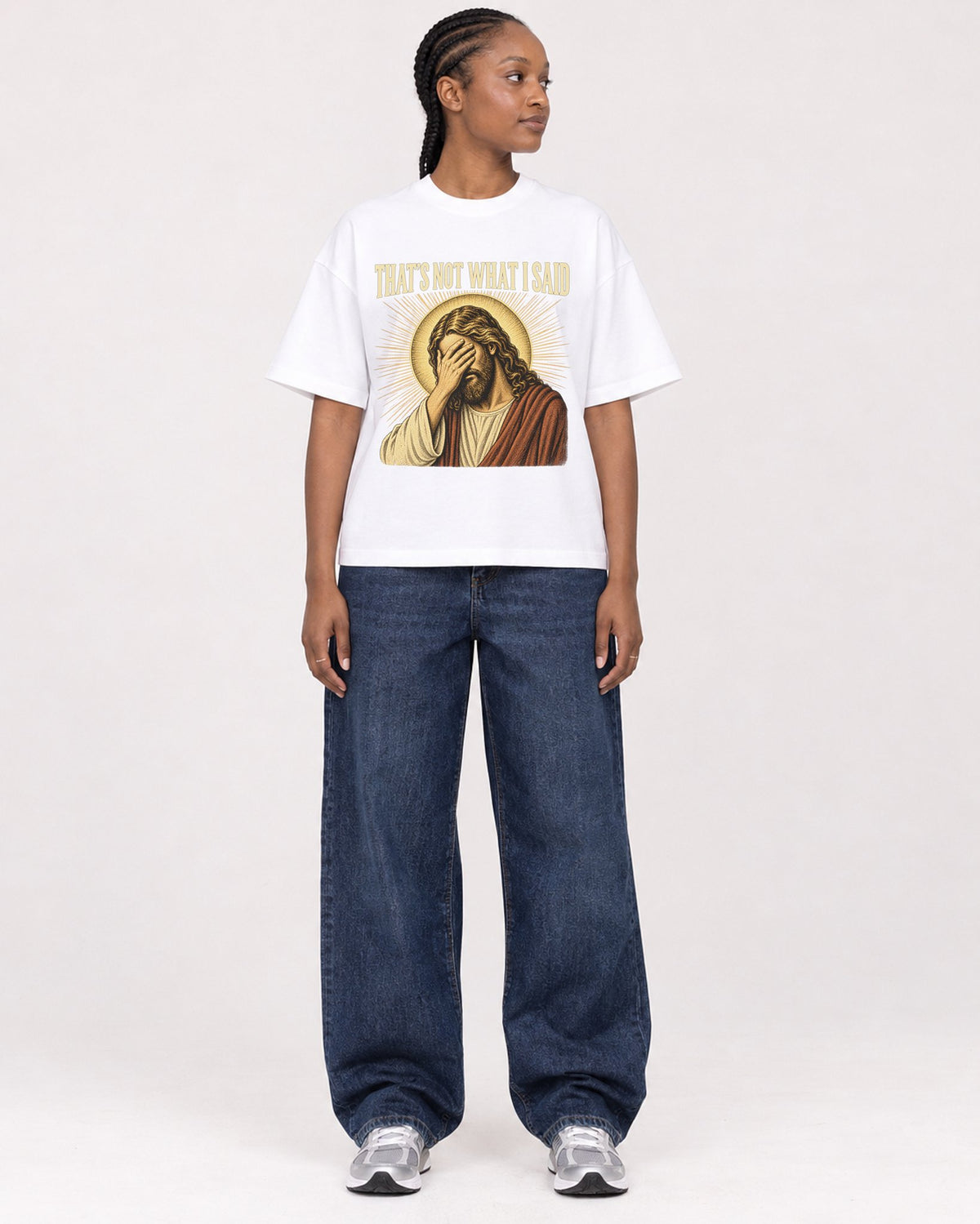 Mockup Boxy Heavyweight Tee White female full-body 44