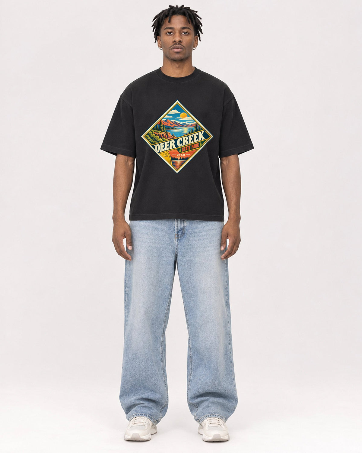 Mockup Boxy Heavyweight Tee Black male full-body 05