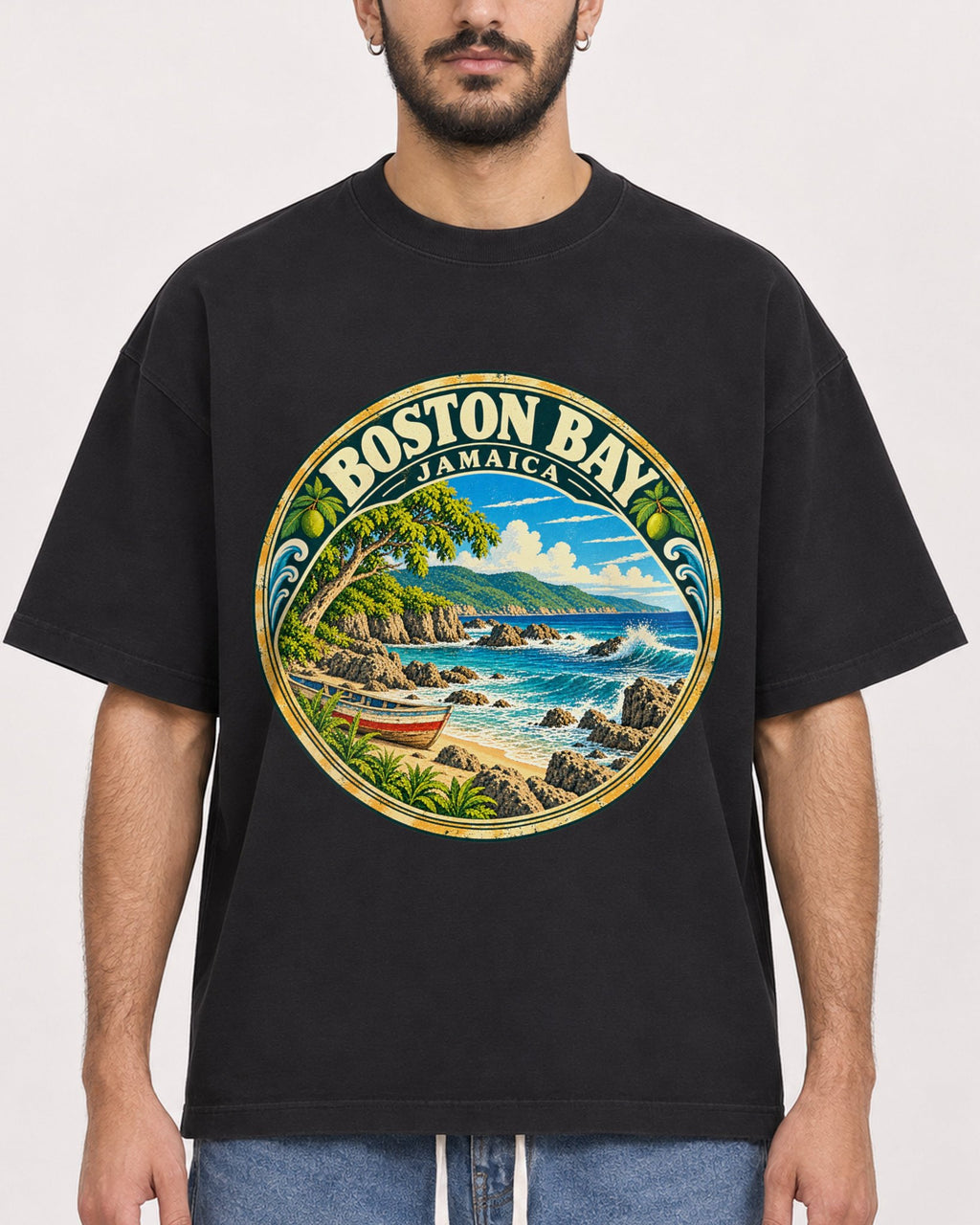 Mockup Boxy Heavyweight Tee Black male close-up 07
