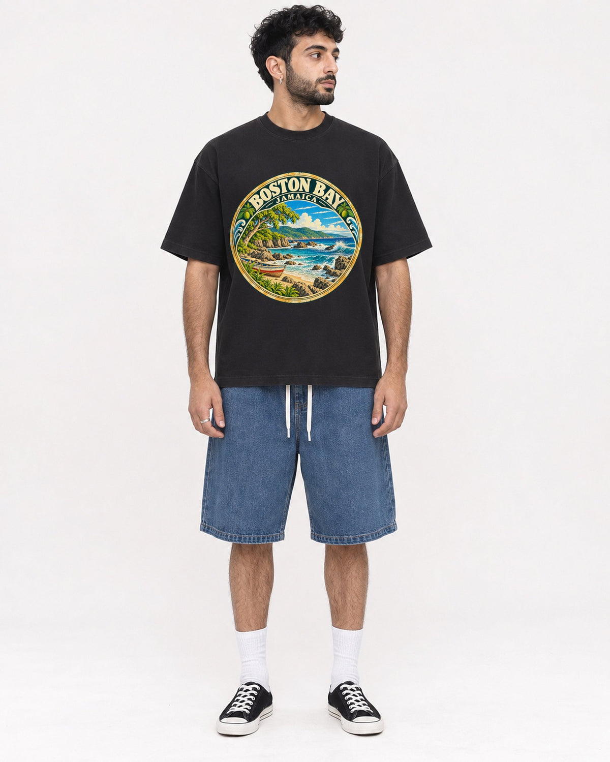 Mockup Boxy Heavyweight Tee Black male full-body 07