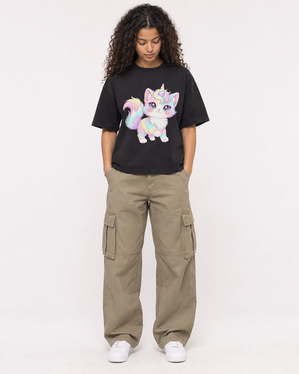 Mockup Boxy Heavyweight Tee Black female full-body 10