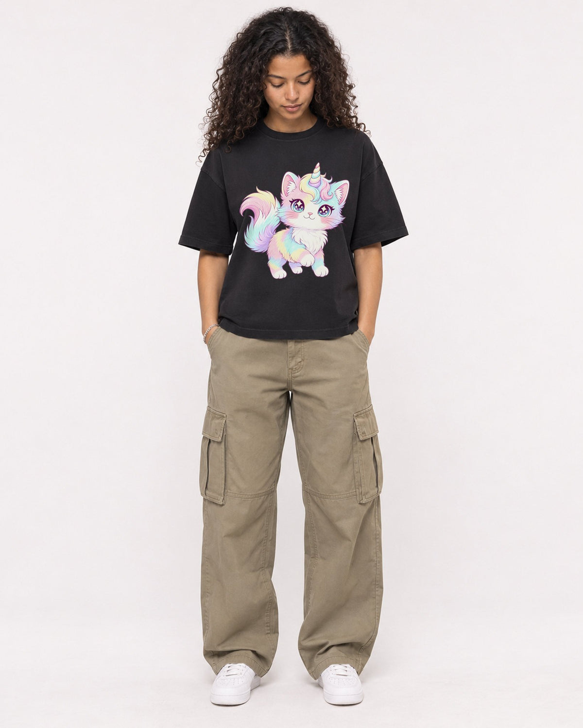 Mockup Boxy Heavyweight Tee Black female full-body 10