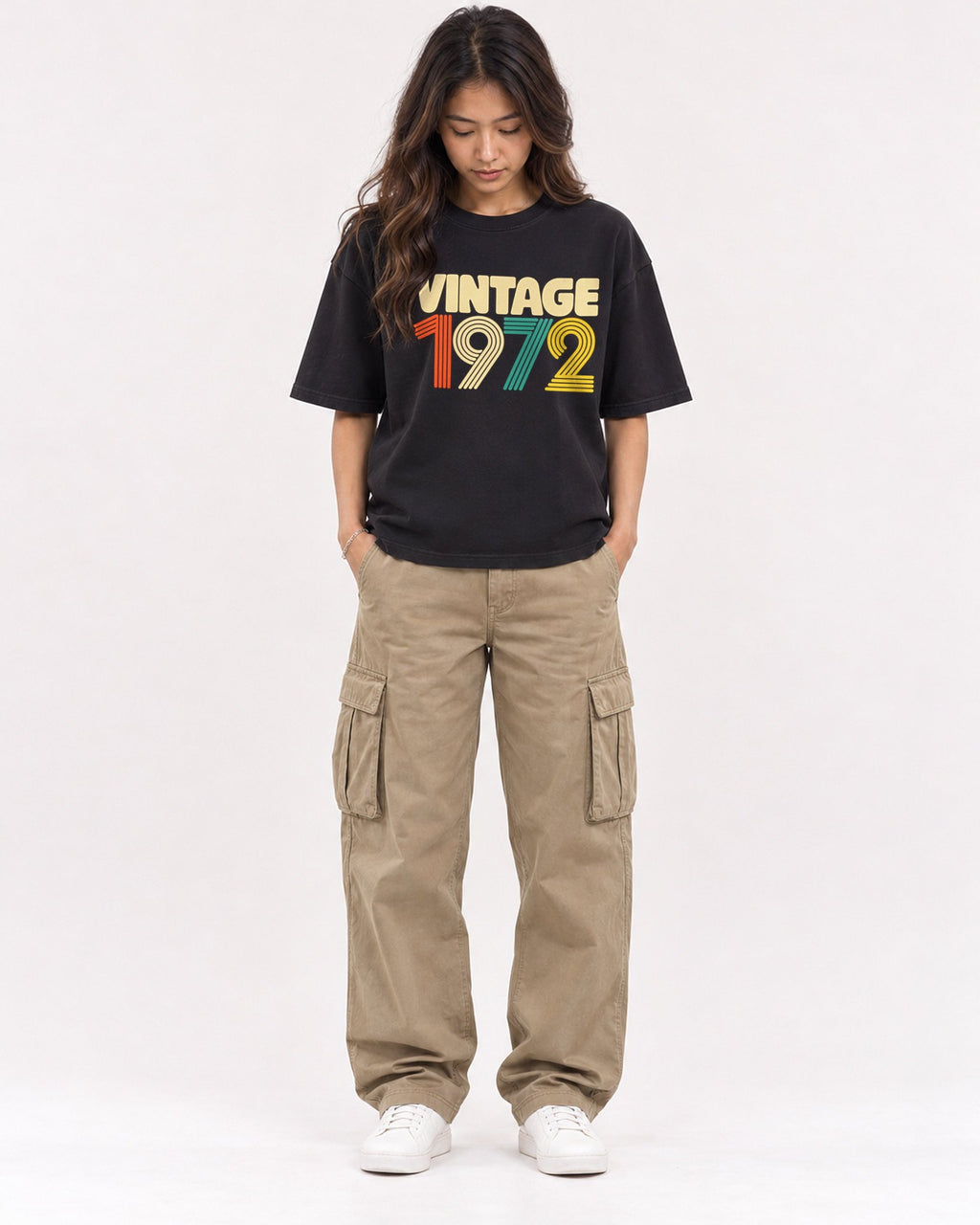 Mockup Boxy Heavyweight Tee Black female full-body 02
