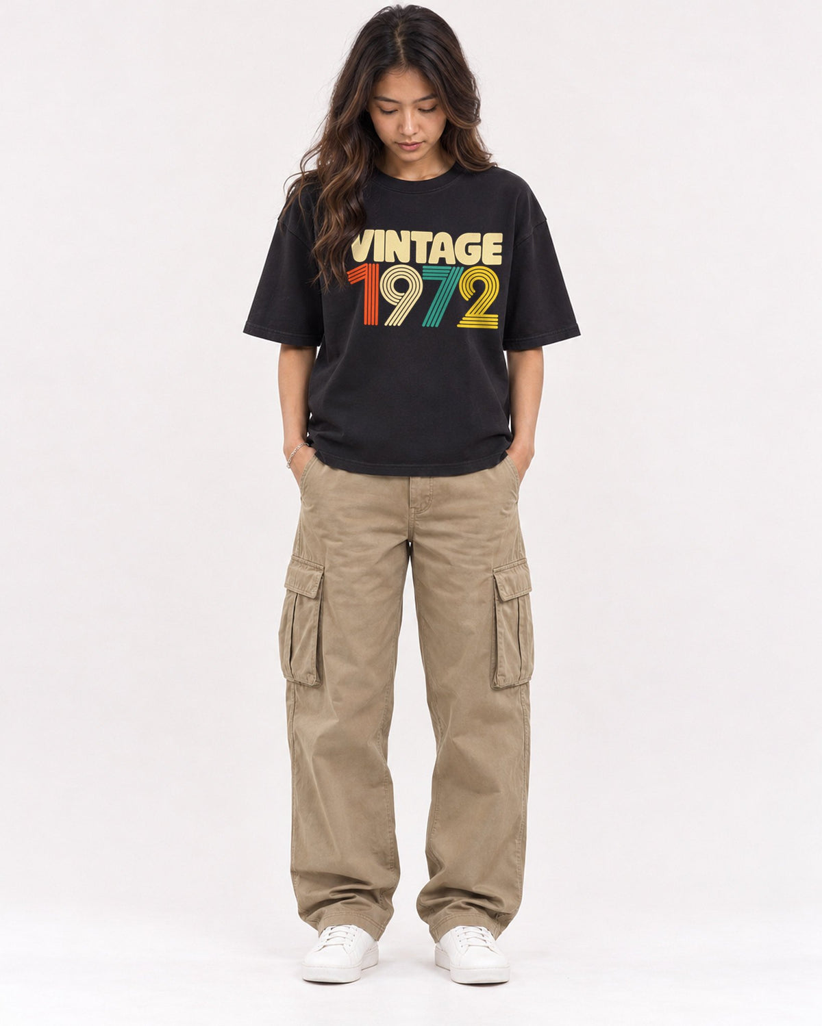 Mockup Boxy Heavyweight Tee Black female full-body 02
