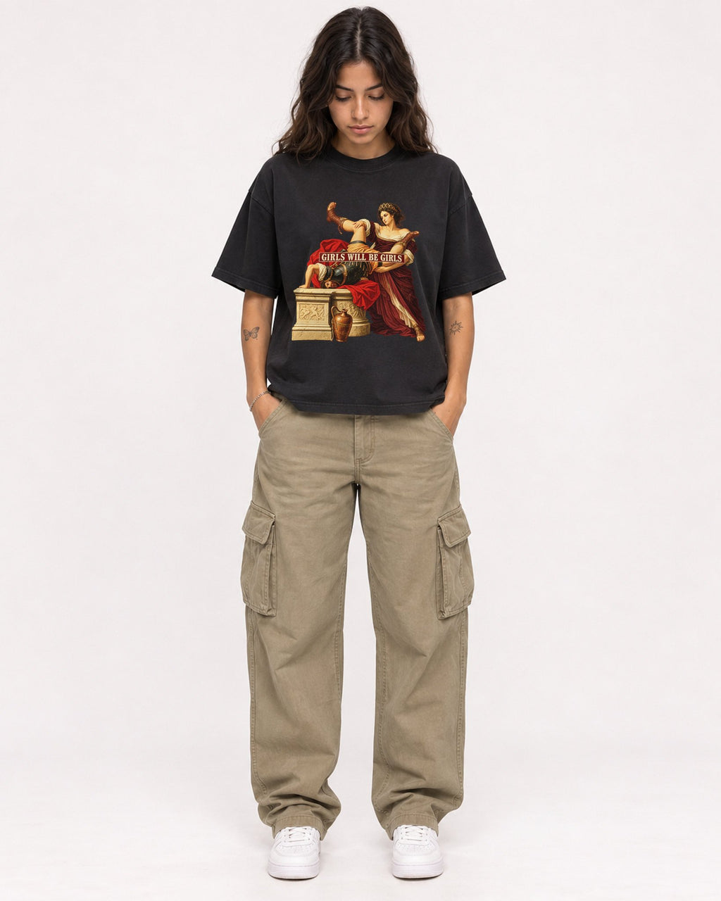 Mockup Boxy Heavyweight Tee Black female full-body 06