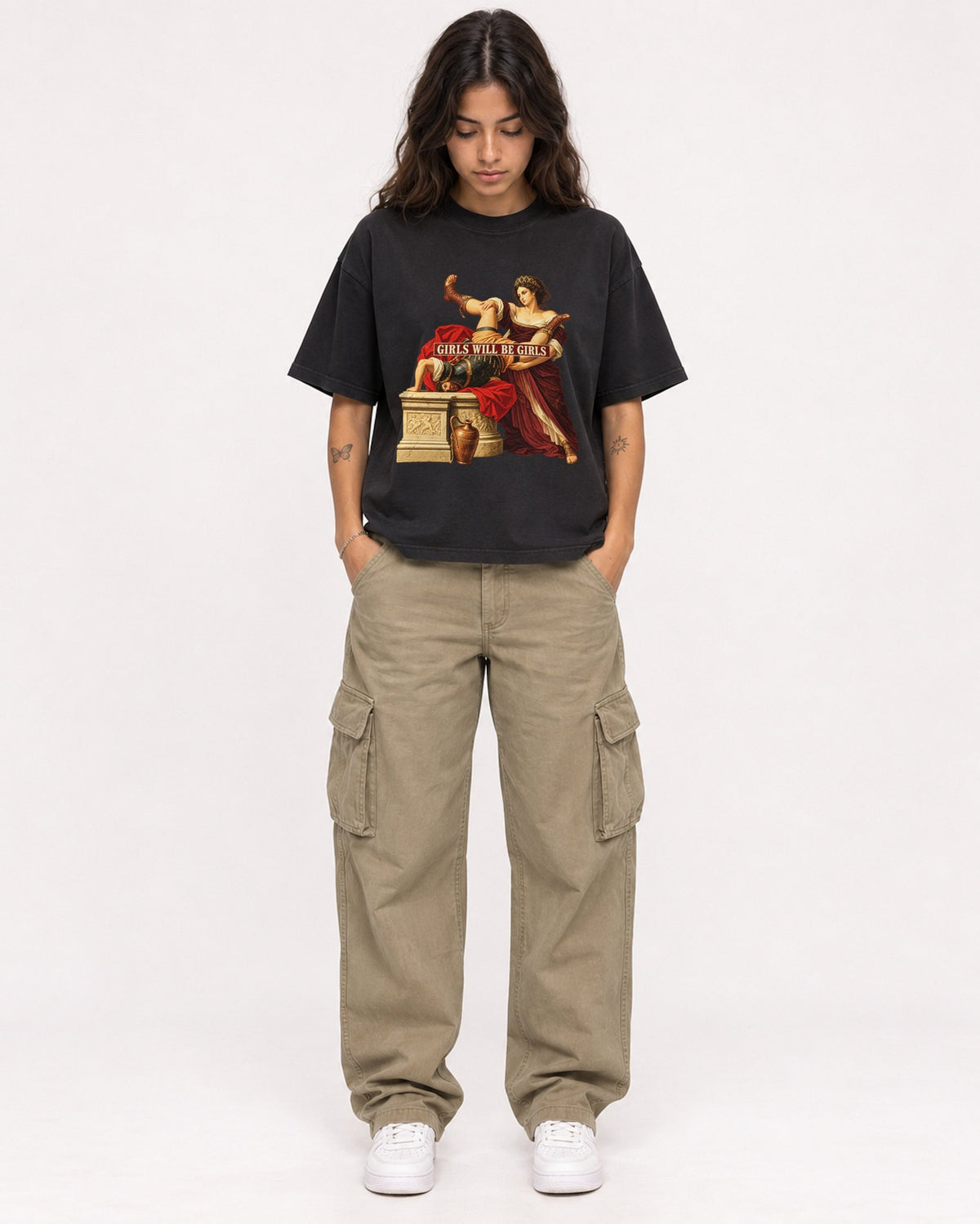 Mockup Boxy Heavyweight Tee Black female full-body 06