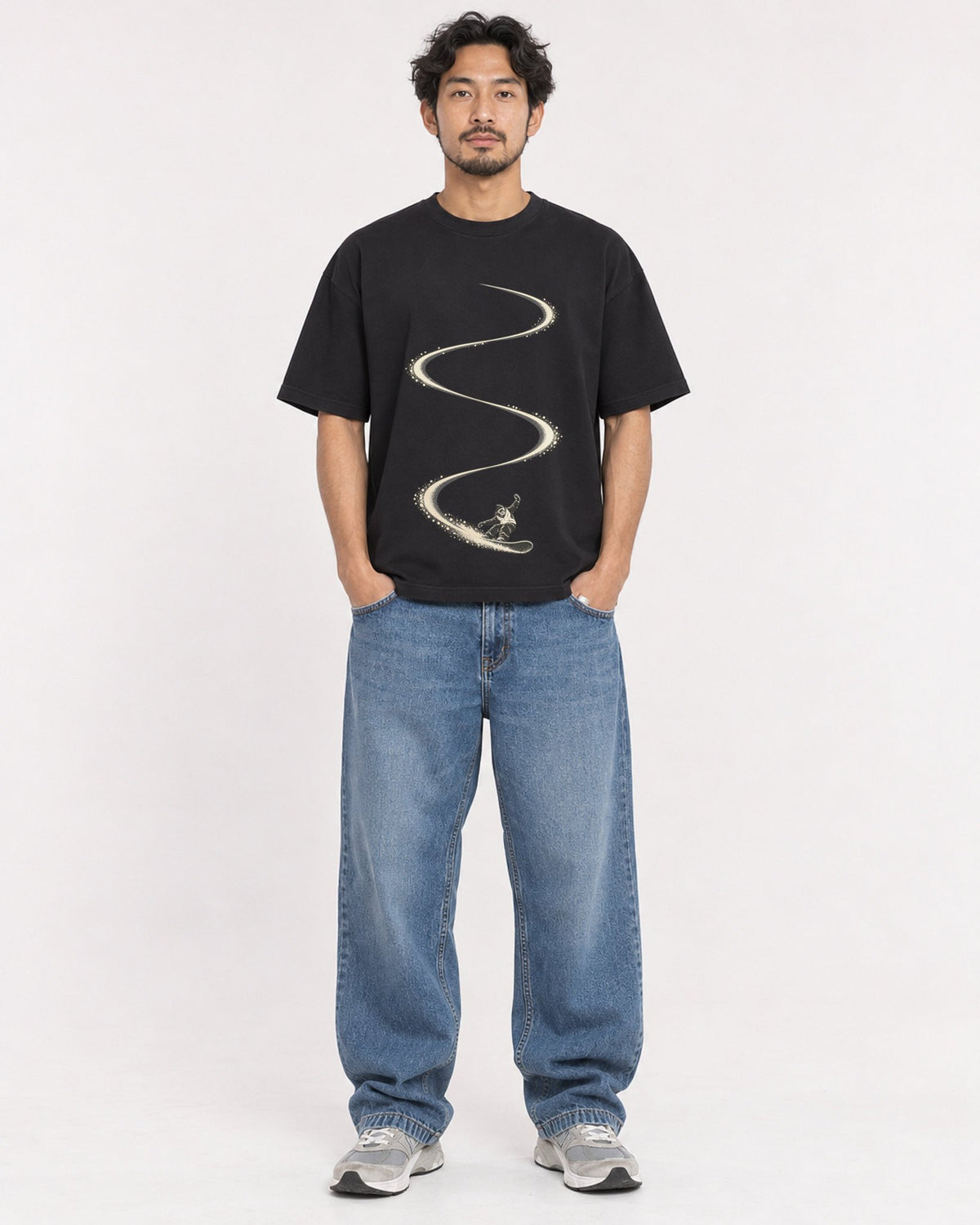Mockup Boxy Heavyweight Tee Black male full-body 02