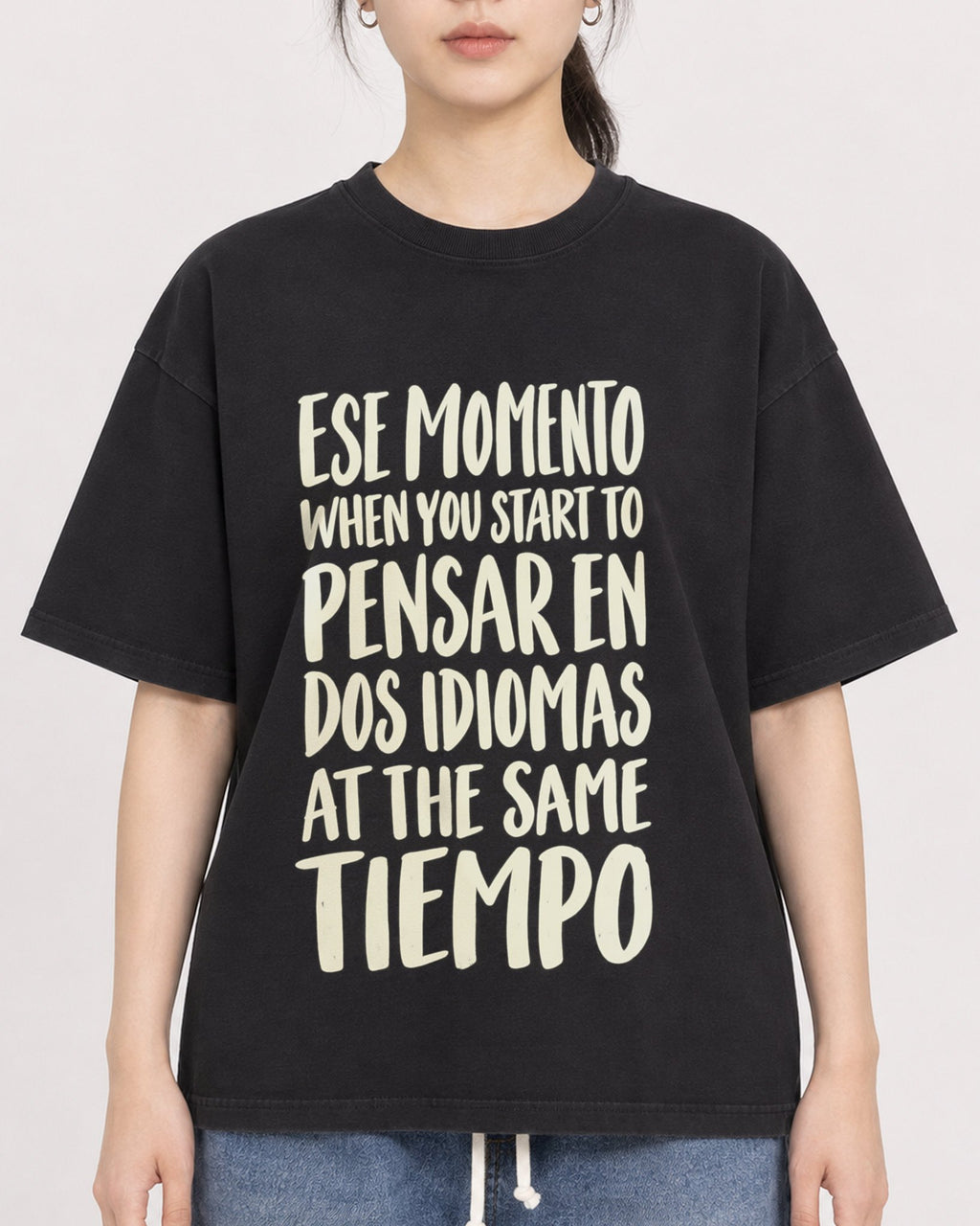 Mockup Boxy Heavyweight Tee Black female close-up 21