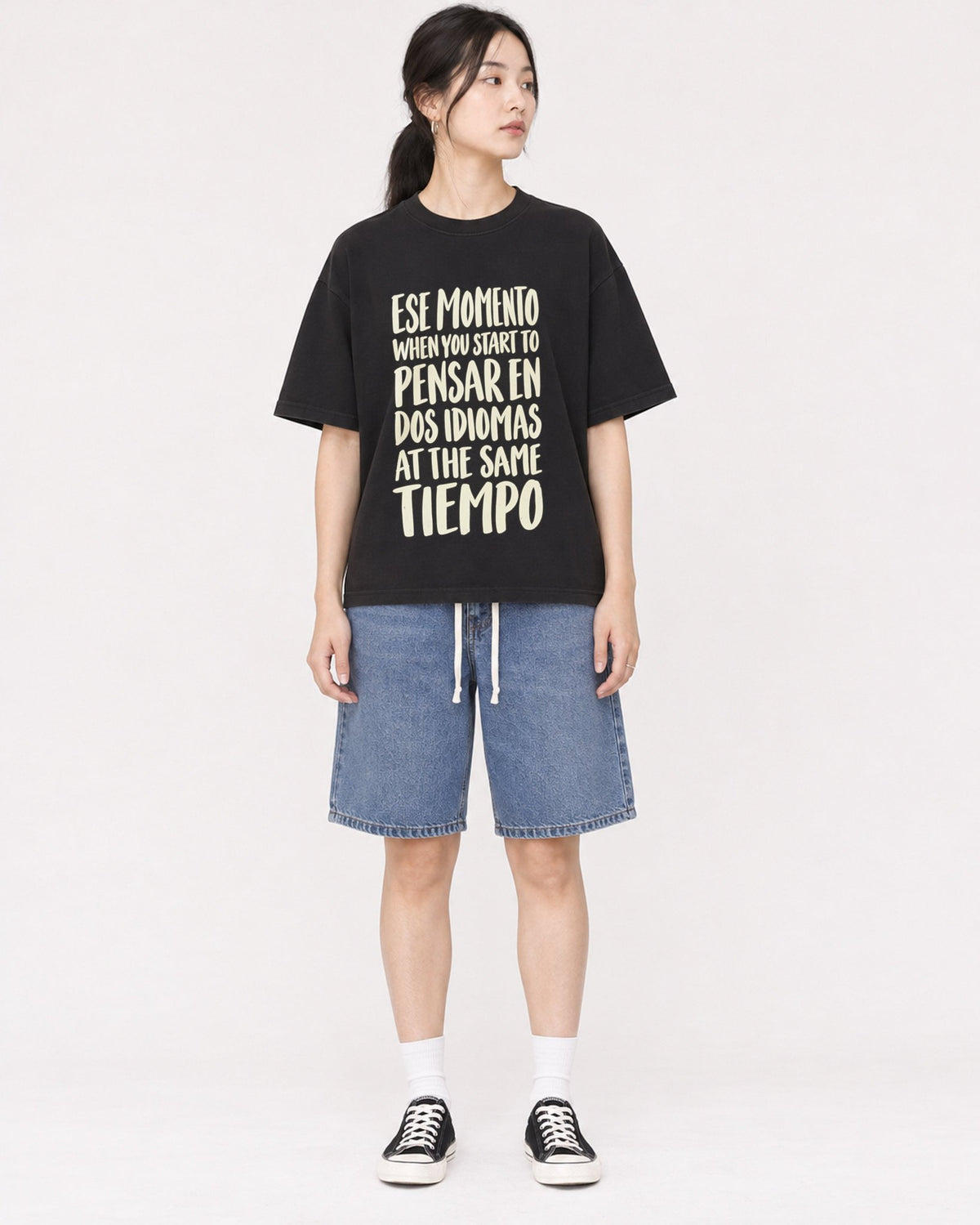 Mockup Boxy Heavyweight Tee Black female full-body 21