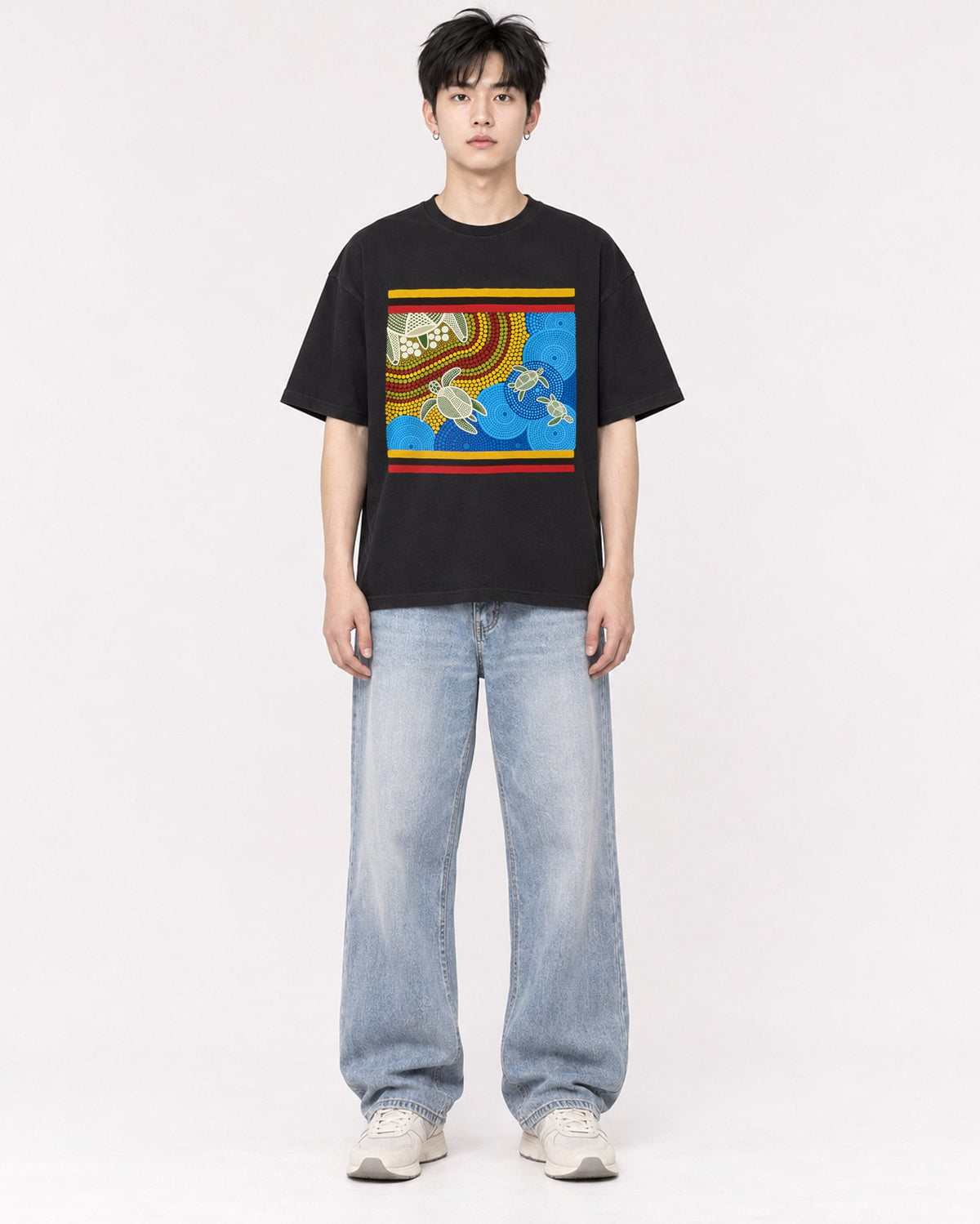 Mockup Boxy Heavyweight Tee Black male full-body 01