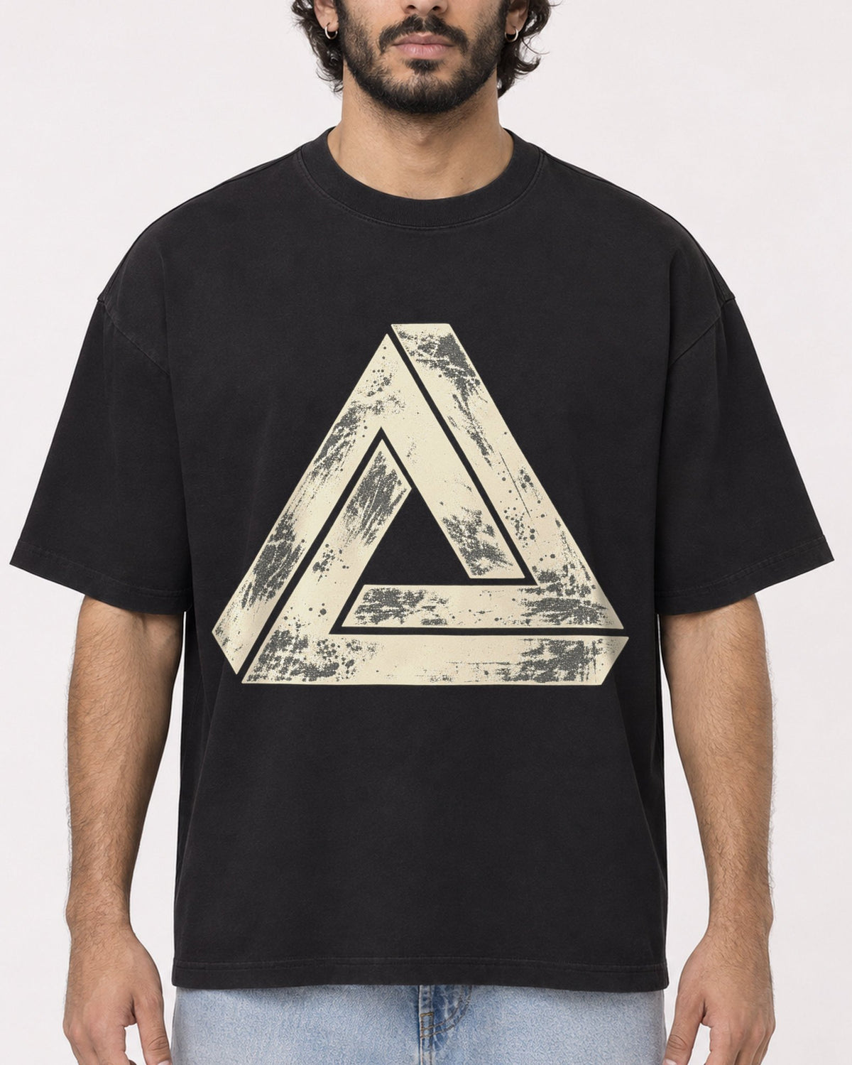 Mockup Boxy Heavyweight Tee Black male close-up 17