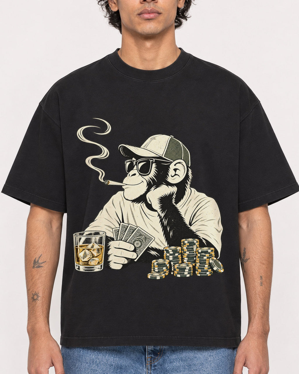 Mockup Boxy Heavyweight Tee Black male close-up 30