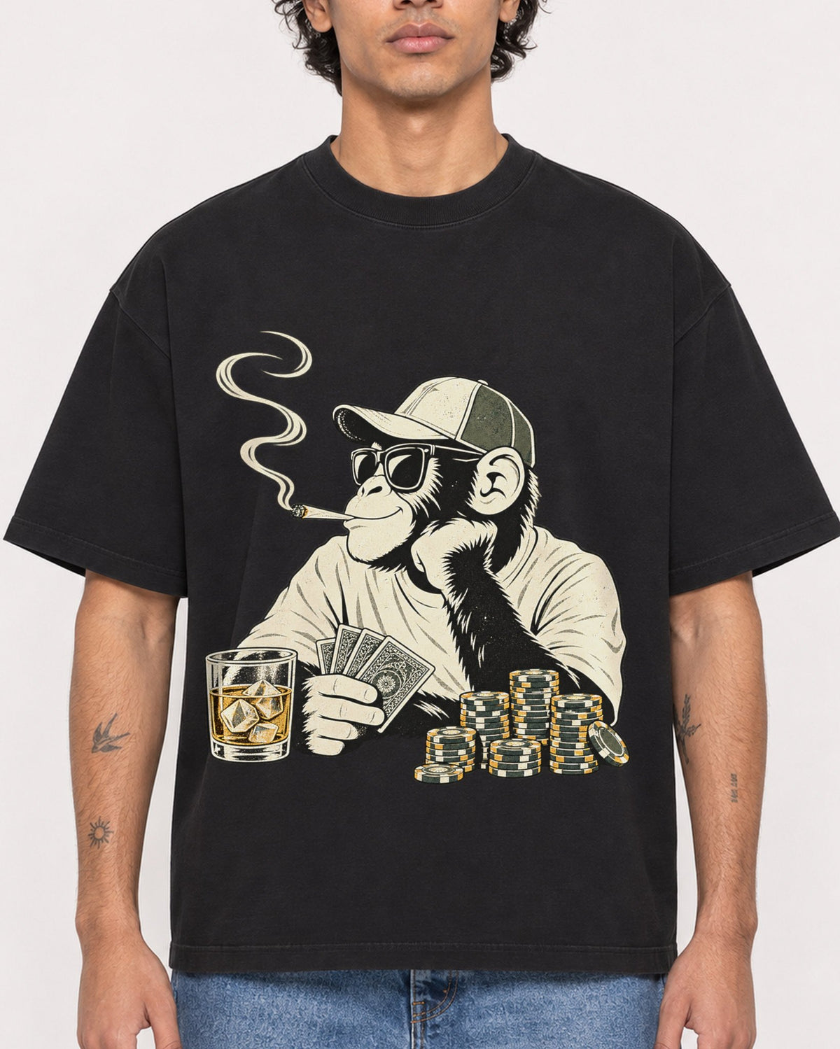 Mockup Boxy Heavyweight Tee Black male close-up 30