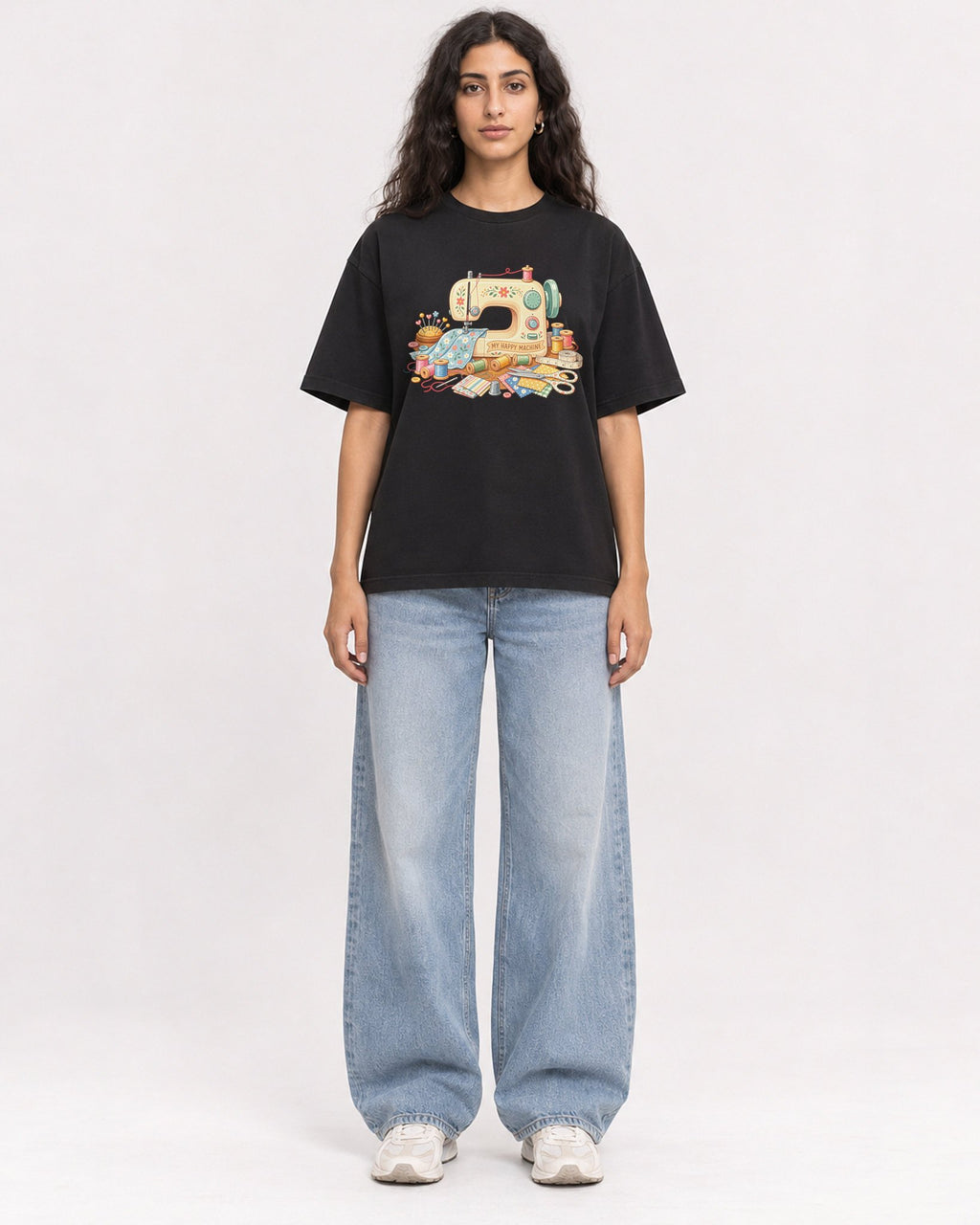 Mockup Boxy Heavyweight Tee Black female full-body 07