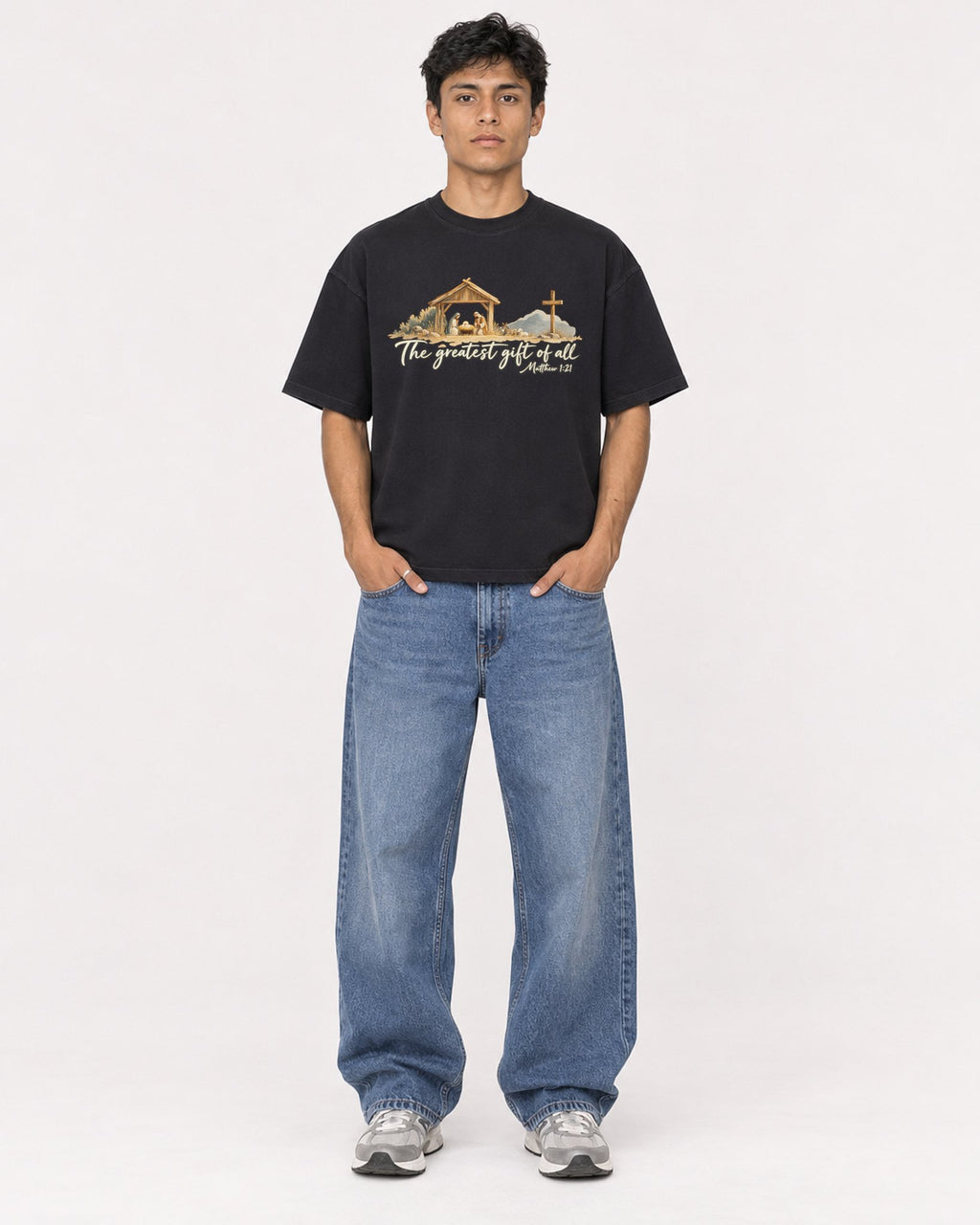 Mockup Boxy Heavyweight Tee Black male full-body 46