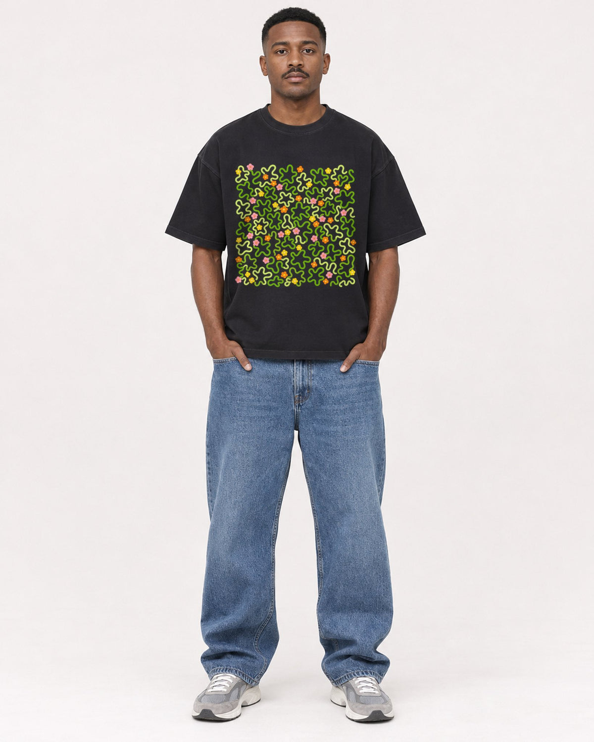 Mockup Boxy Heavyweight Tee Black male full-body 14