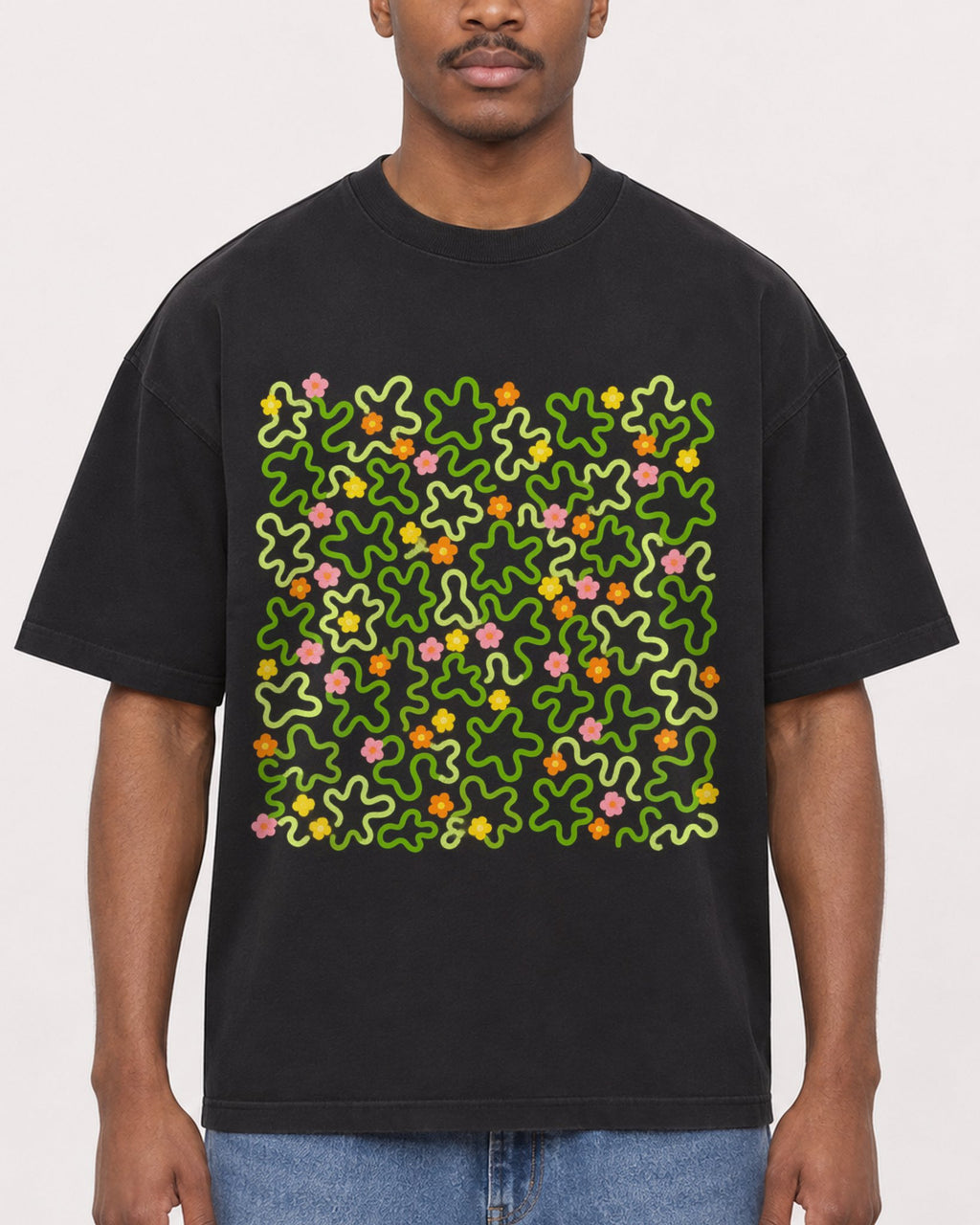 Mockup Boxy Heavyweight Tee Black male close-up 14