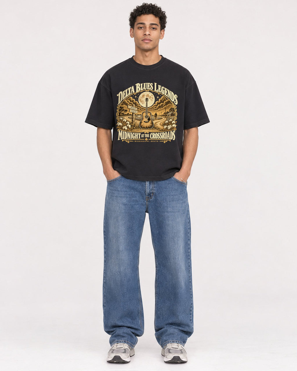 Mockup Boxy Heavyweight Tee Black male full-body 10