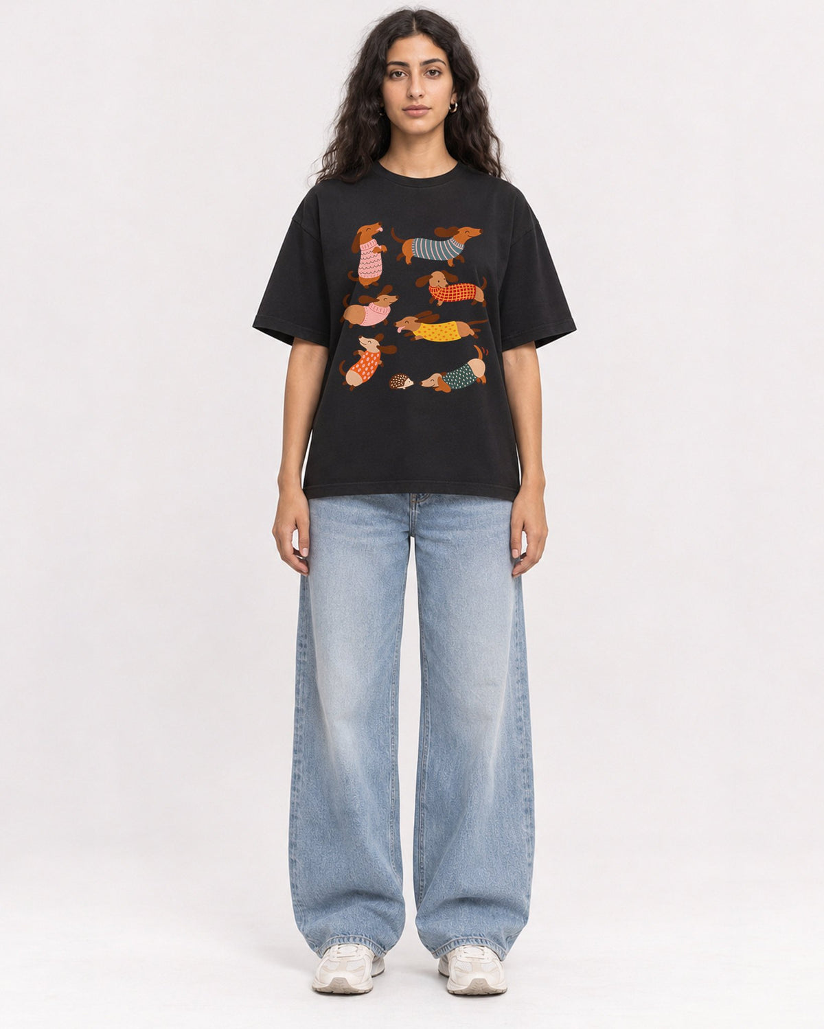 Mockup Boxy Heavyweight Tee Black female full-body 07