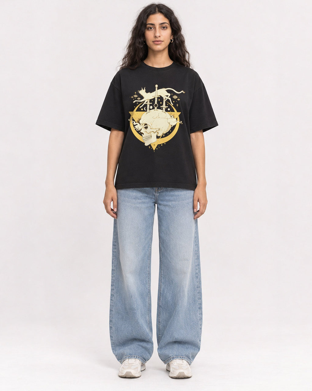 Mockup Boxy Heavyweight Tee Black female full-body 07
