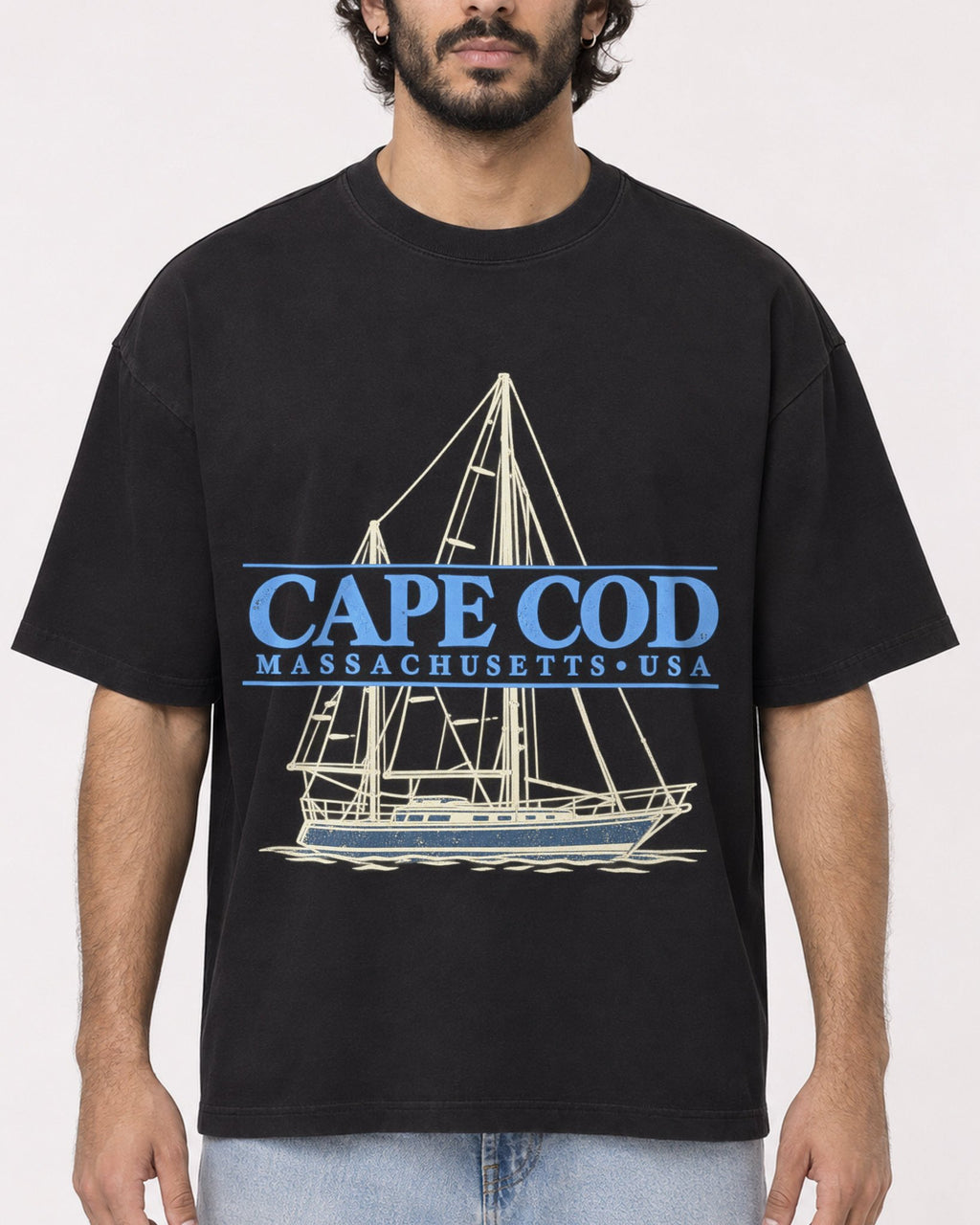 Mockup Boxy Heavyweight Tee Black male close-up 17