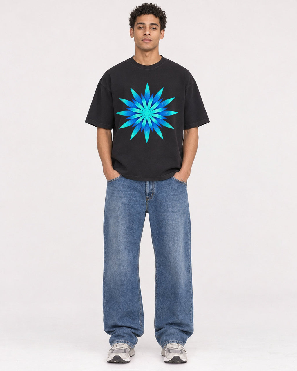 Mockup Boxy Heavyweight Tee Black male full-body 10