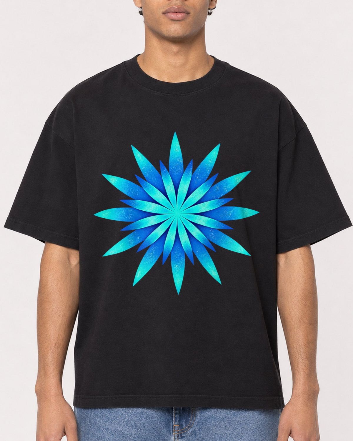 Mockup Boxy Heavyweight Tee Black male close-up 10