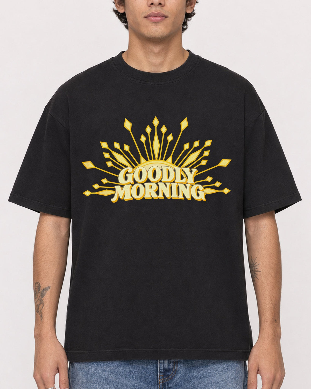 Mockup Boxy Heavyweight Tee Black male close-up 06