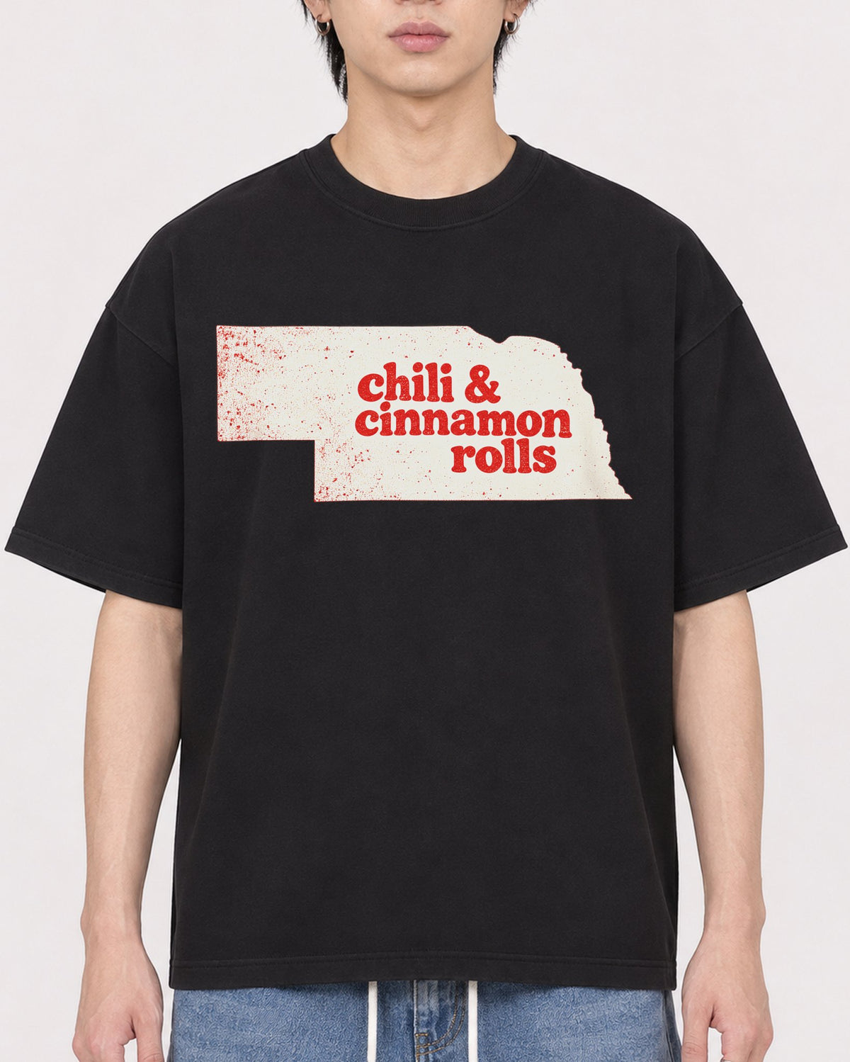 Mockup Boxy Heavyweight Tee Black male close-up 11