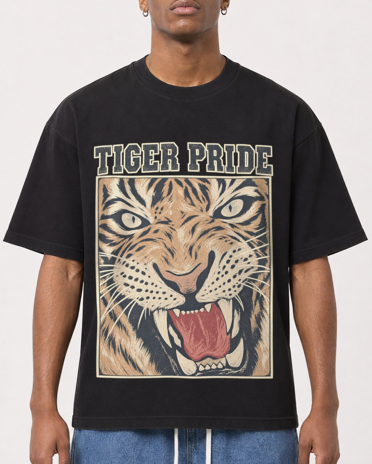 Mockup Boxy Heavyweight Tee Black male close-up 15