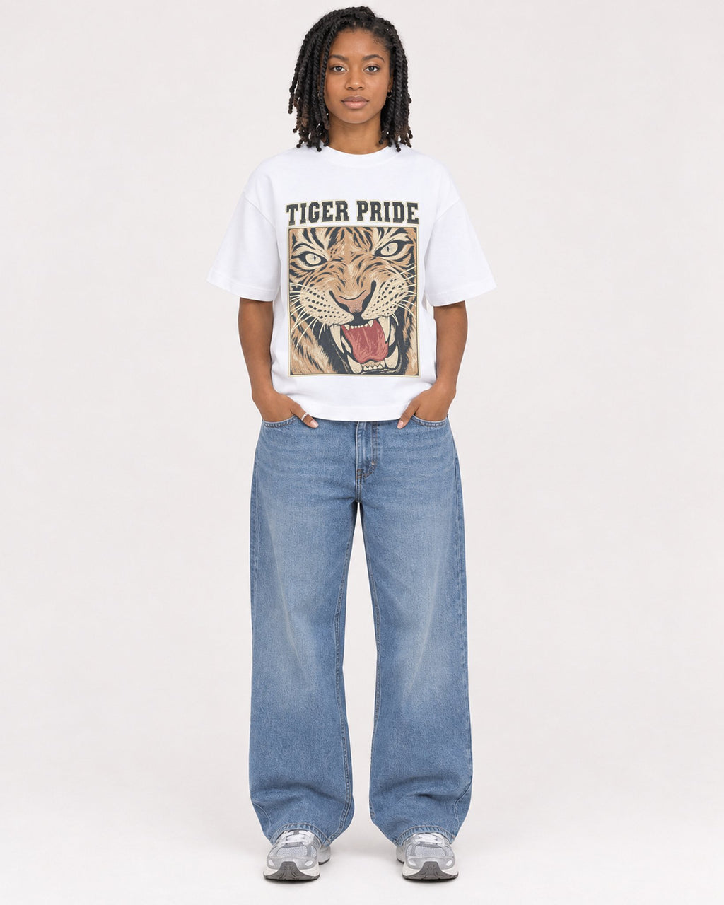 Mockup Boxy Heavyweight Tee White female full-body 15