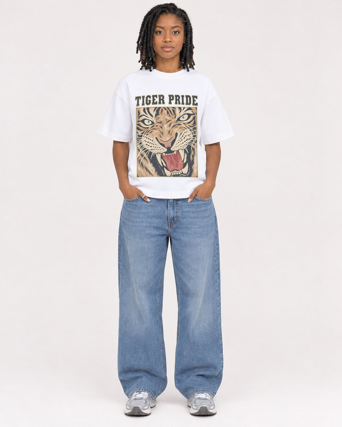 Mockup Boxy Heavyweight Tee White female full-body 15
