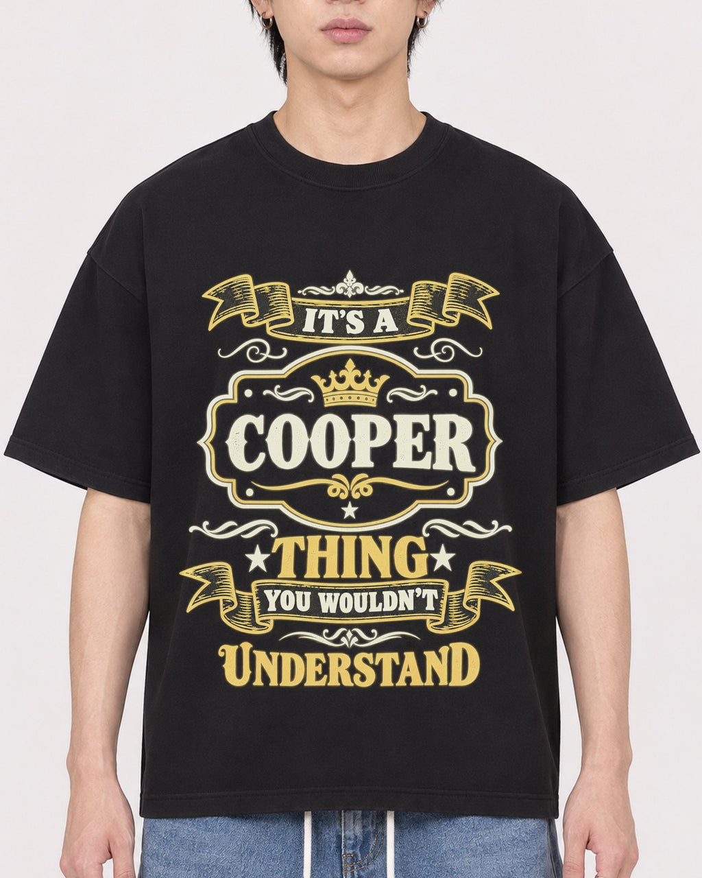 Mockup Boxy Heavyweight Tee Black male close-up 11