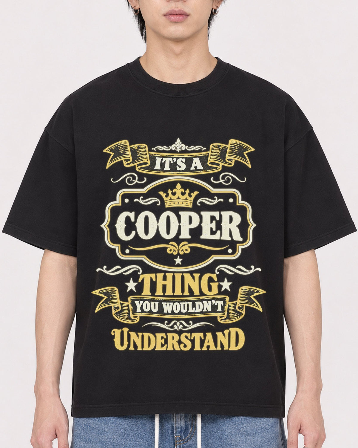 Mockup Boxy Heavyweight Tee Black male close-up 11