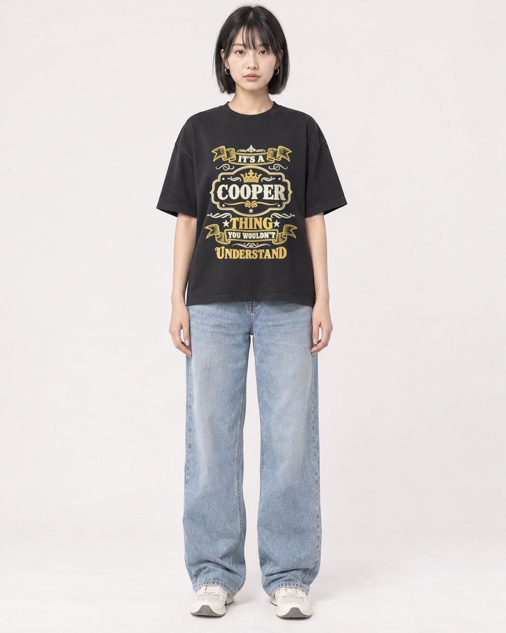 Mockup Boxy Heavyweight Tee Black female full-body 11
