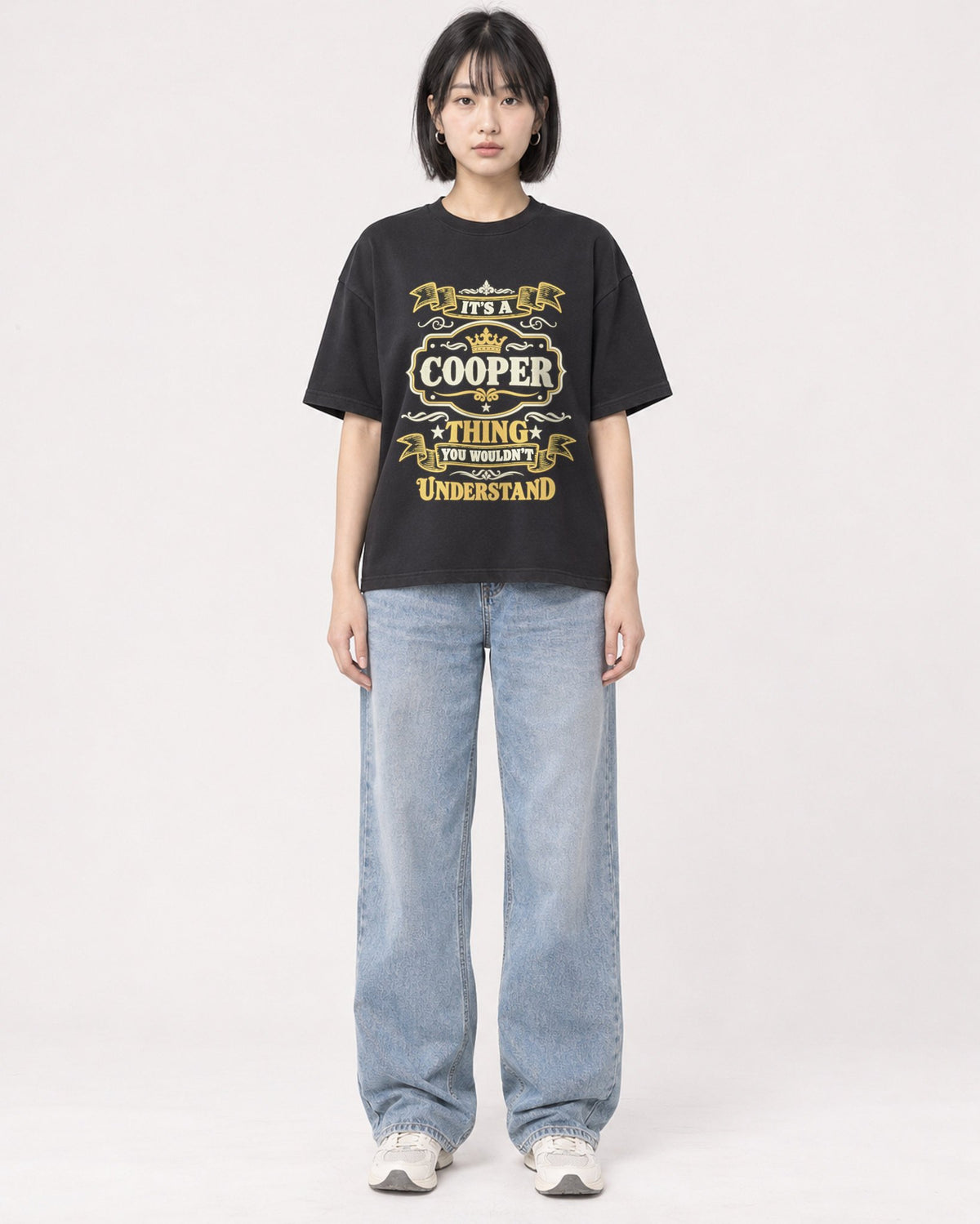 Mockup Boxy Heavyweight Tee Black female full-body 11