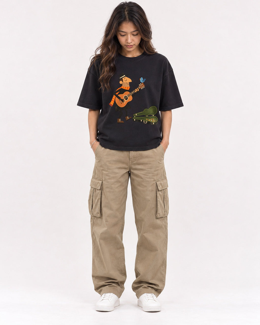 Mockup Boxy Heavyweight Tee Black female full-body 02