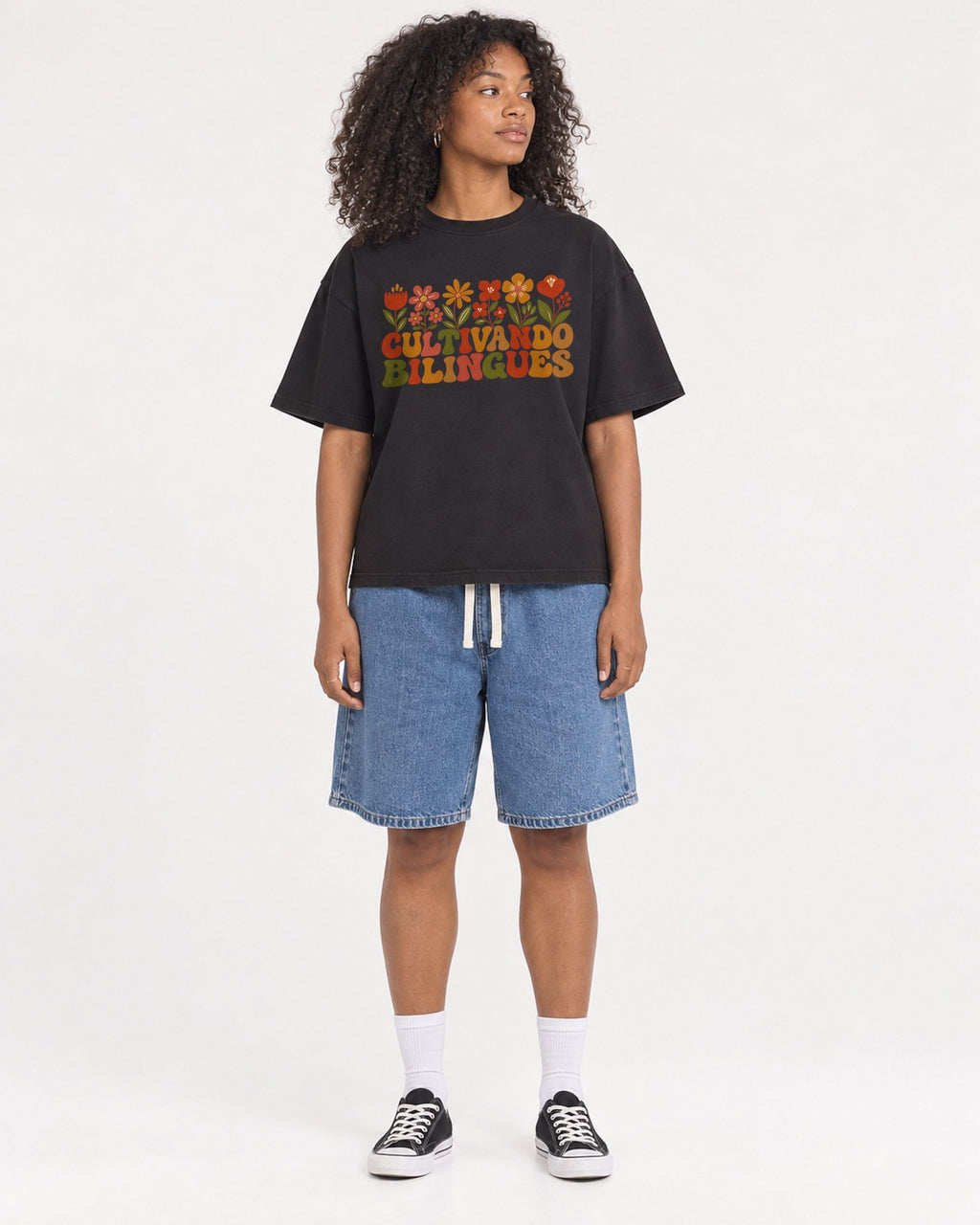 Mockup Boxy Heavyweight Tee Black female full-body 05