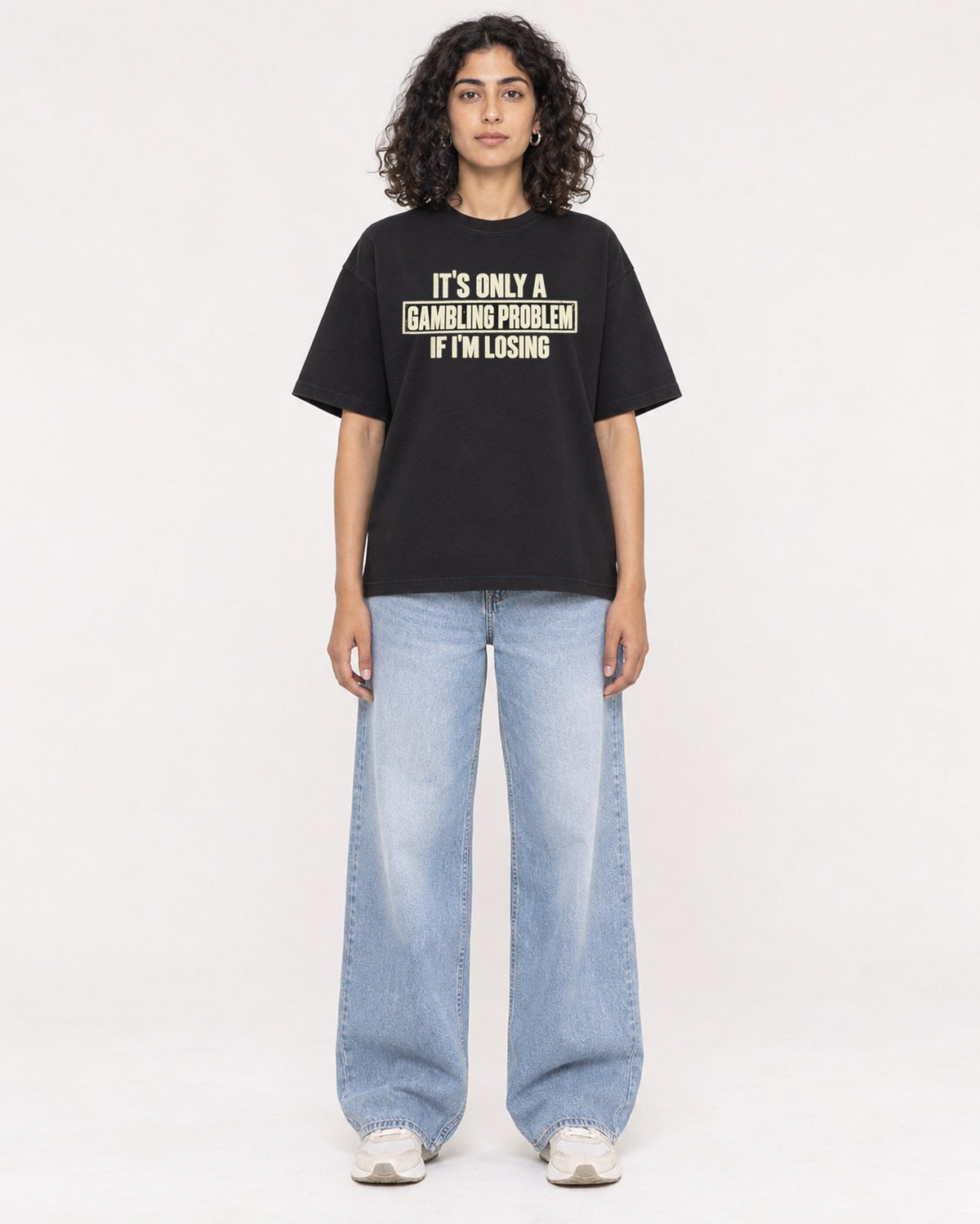Mockup Boxy Heavyweight Tee Black female full-body 27