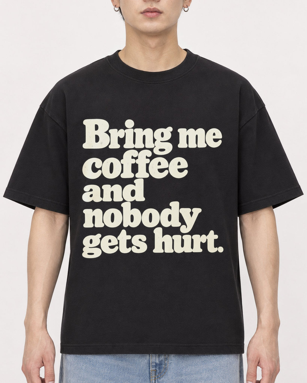 Mockup Boxy Heavyweight Tee Black male close-up 01