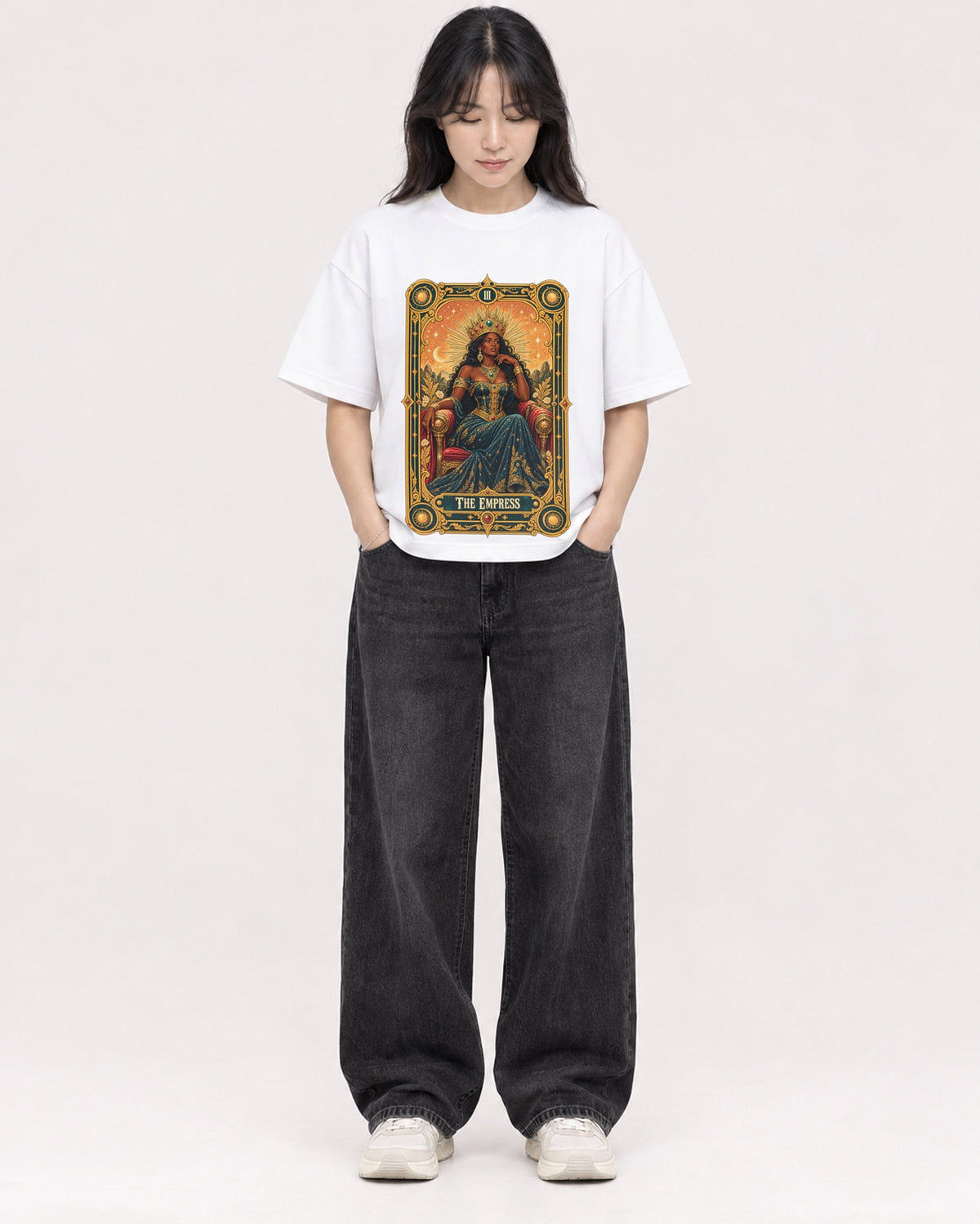 Mockup Boxy Heavyweight Tee White female full-body 13