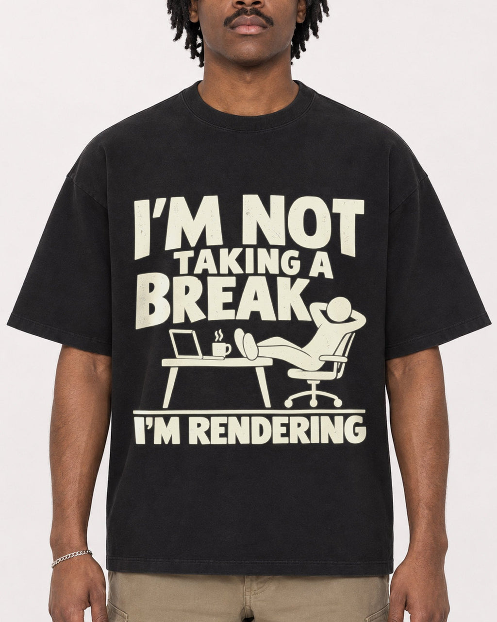 Mockup Boxy Heavyweight Tee Black male close-up 04